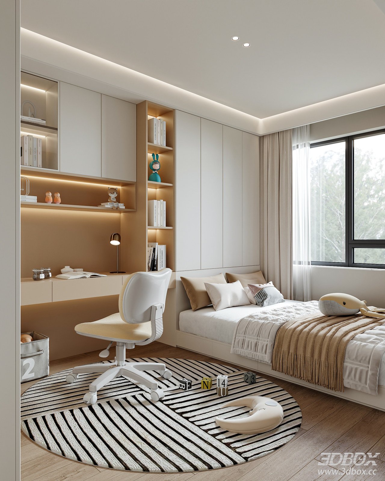 Cream Style Minimalist Bedroom with Tatami Bed and Study Nook