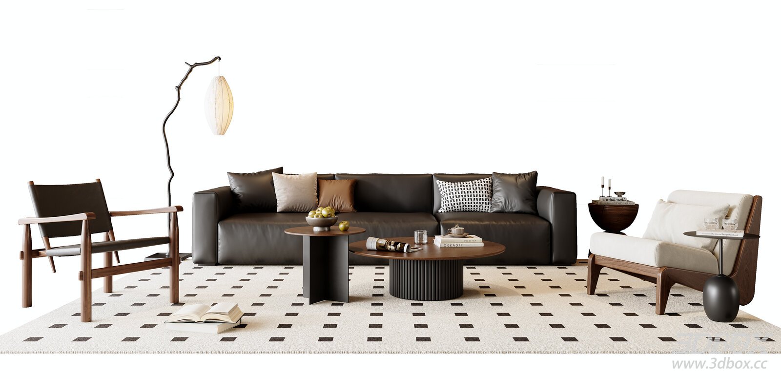 Modern Wabi Sabi Leather Sofa Set with Coffee Tables and Armchairs