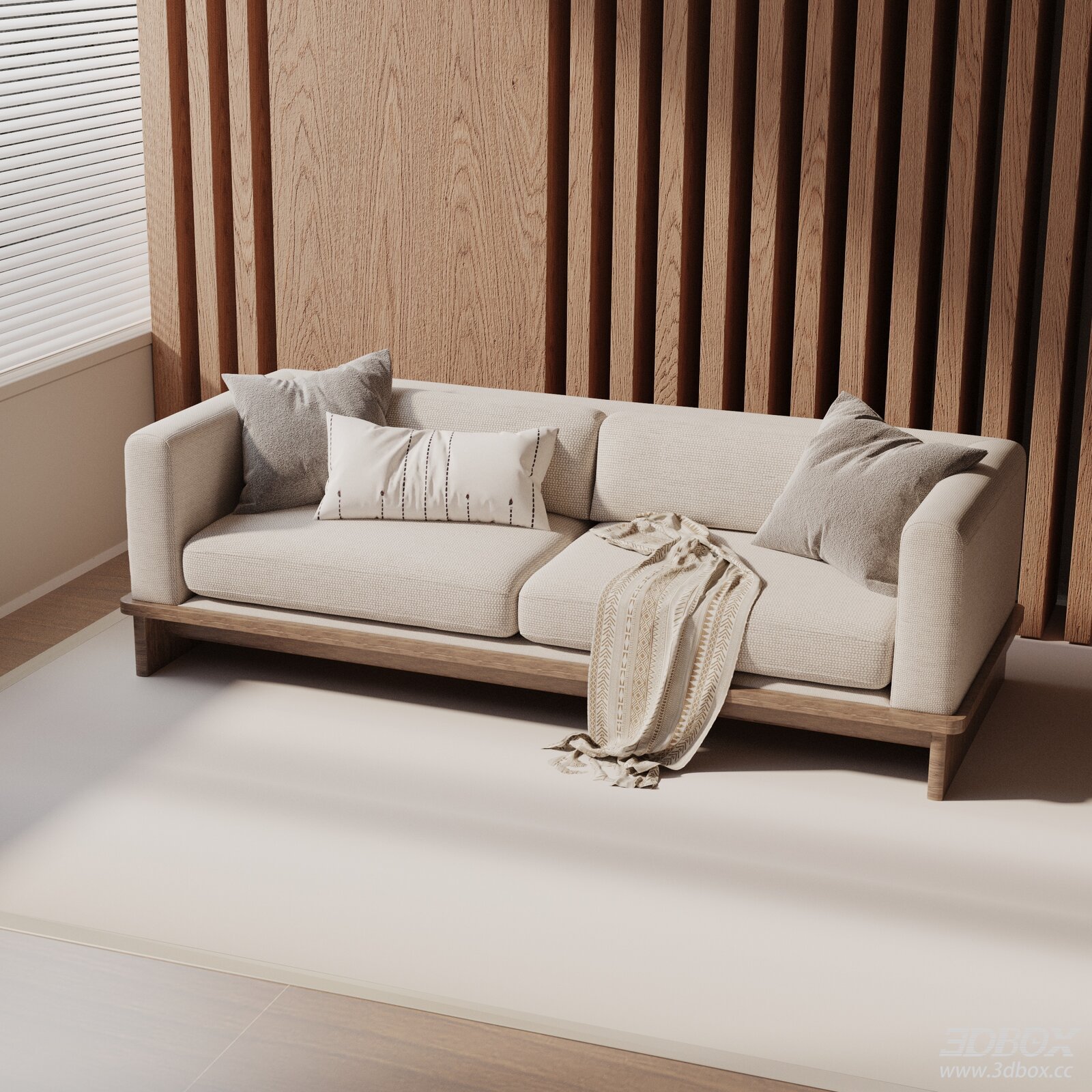 Modern Fabric Sofa With Wooden Base and Throw Pillows