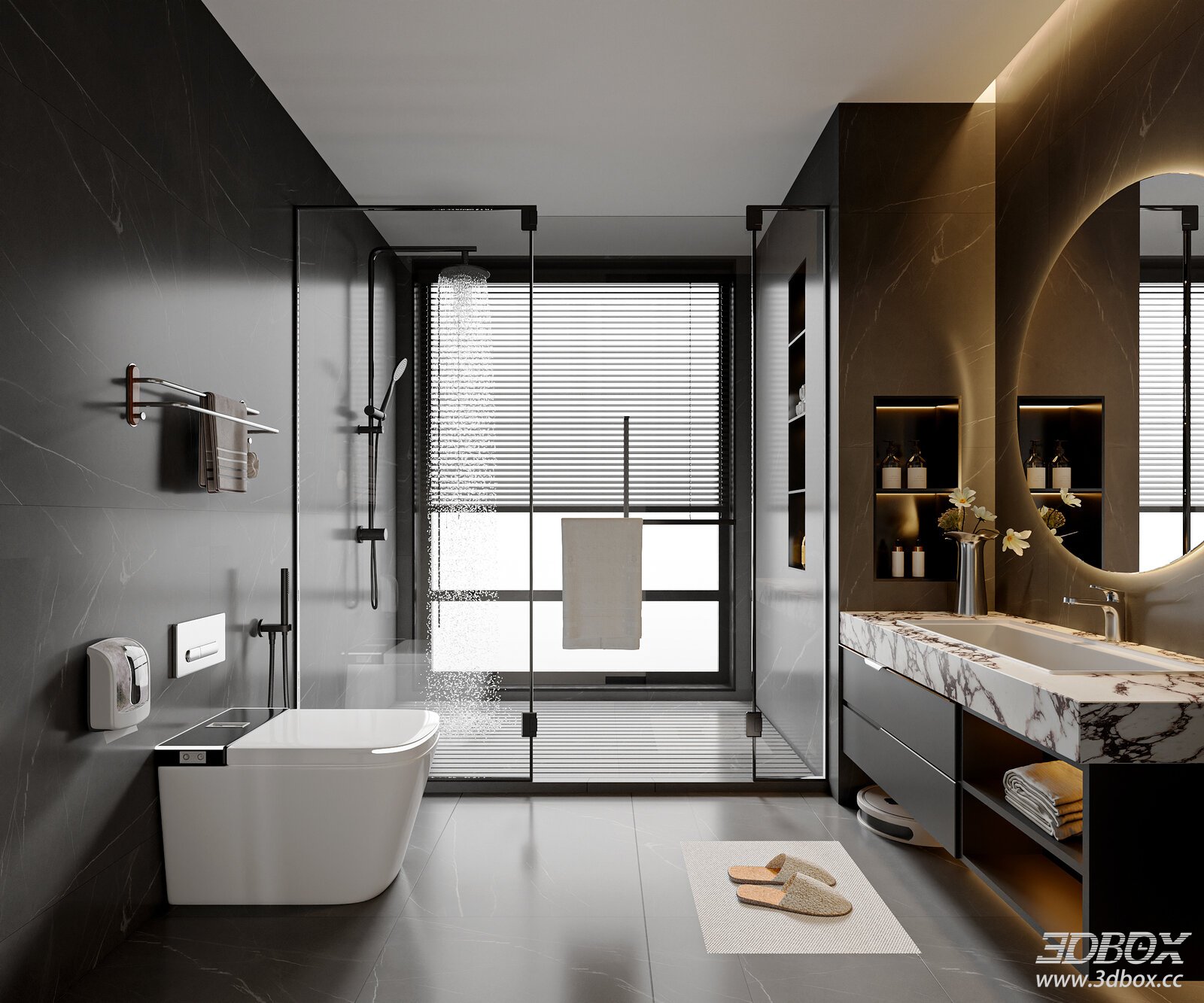 Modern Minimalist Luxury Bathroom Scene with Smart Toilet