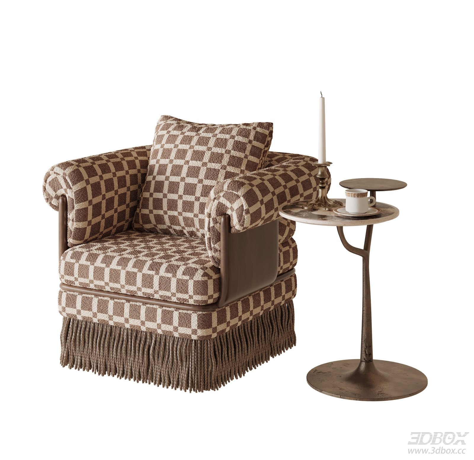 Vintage Checkered Single Sofa with Fringe Detail