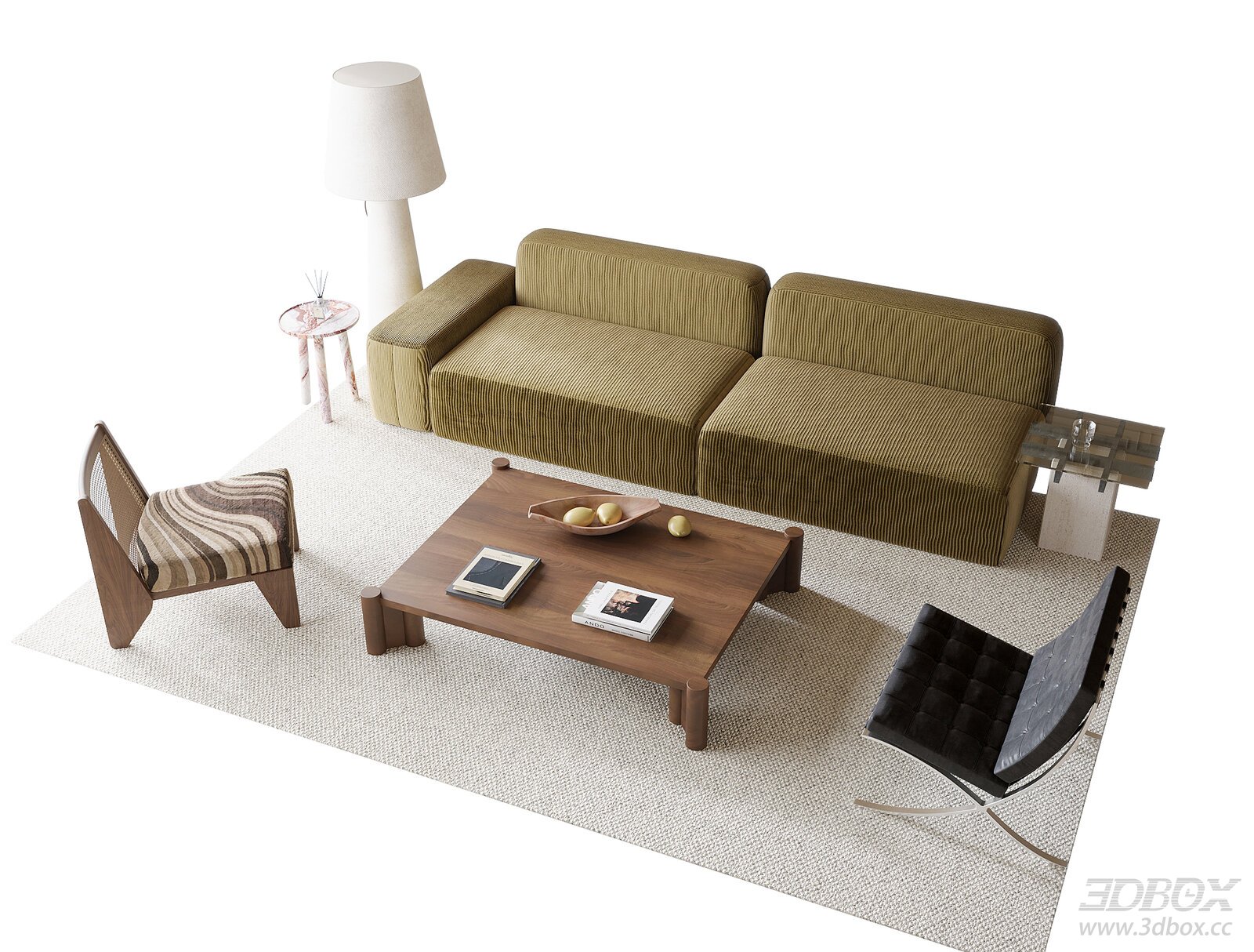 Modern Fabric Sofa Set with Wooden Coffee Table and Armchairs