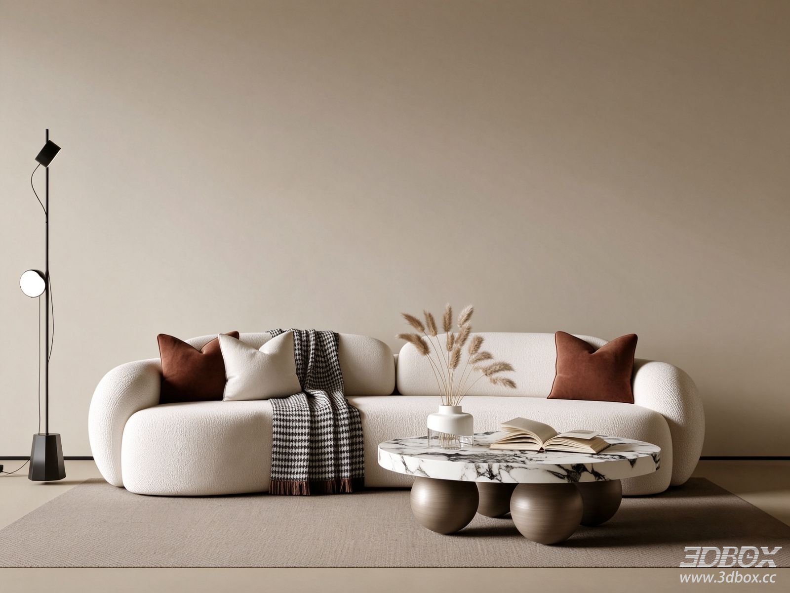 Modern Minimalist Living Room with Curved Sofa and Marble Coffee Table