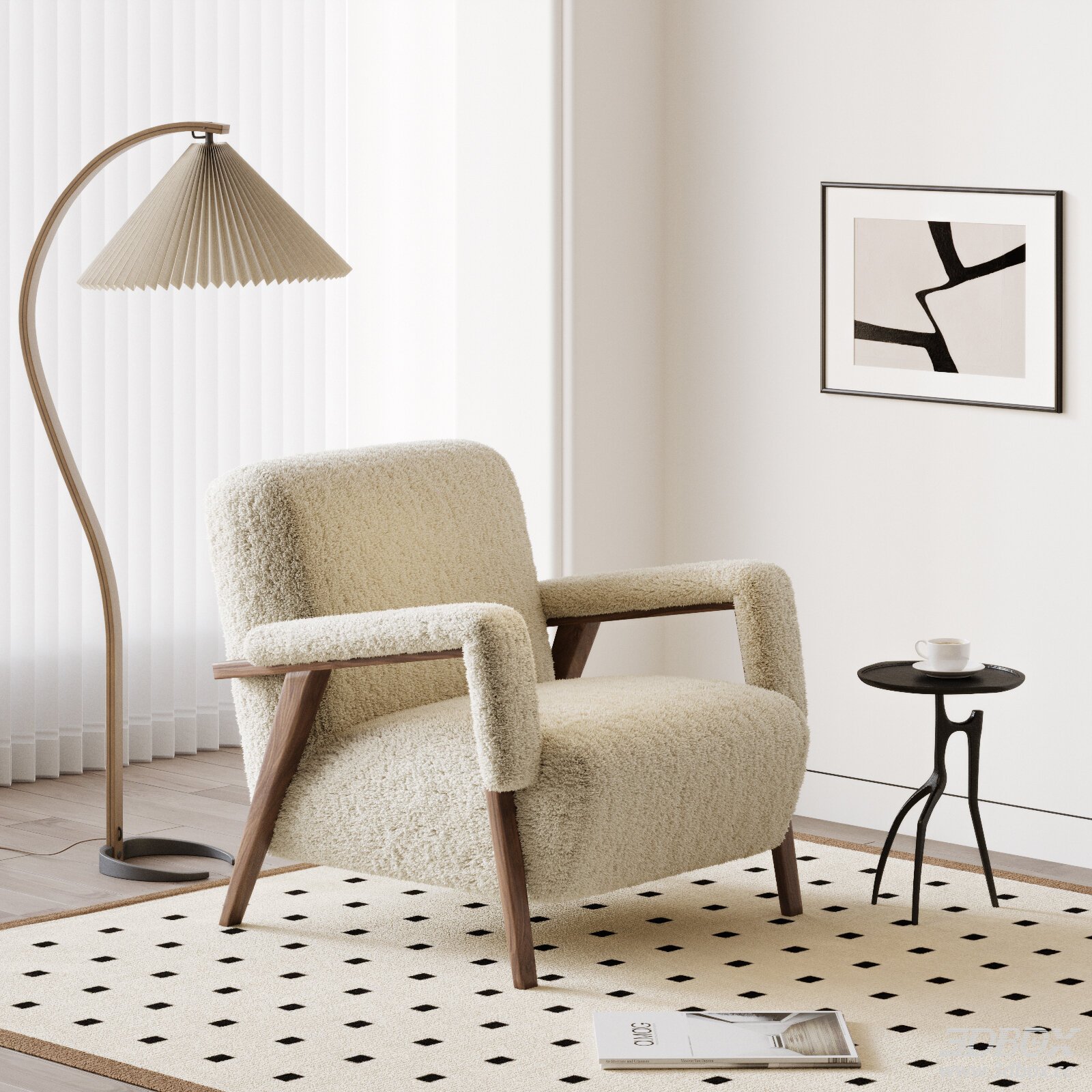 Mid Century Modern Fabric Upholstered Armchair with Wooden Frame