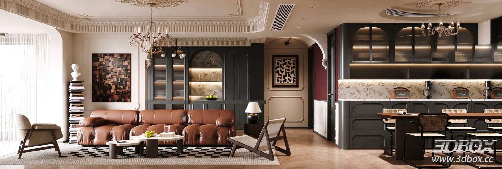 French Retro Living and Dining Room Interior Scene