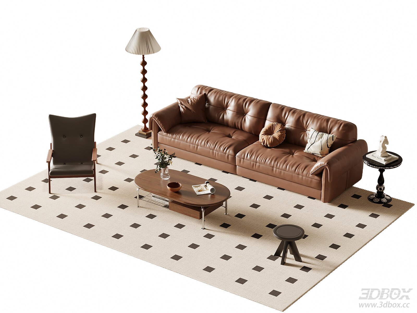 French Mid-century Vintage Leather Sofa Set