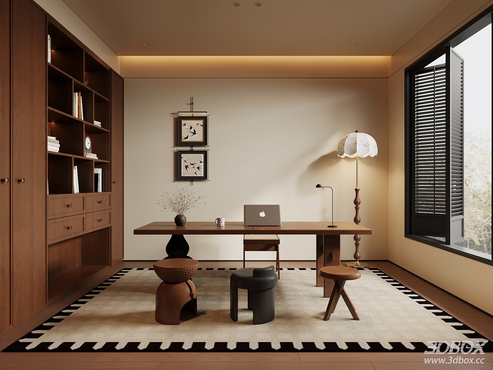 Mid-Century Modern Study Room with Wooden Desk and Bookcase