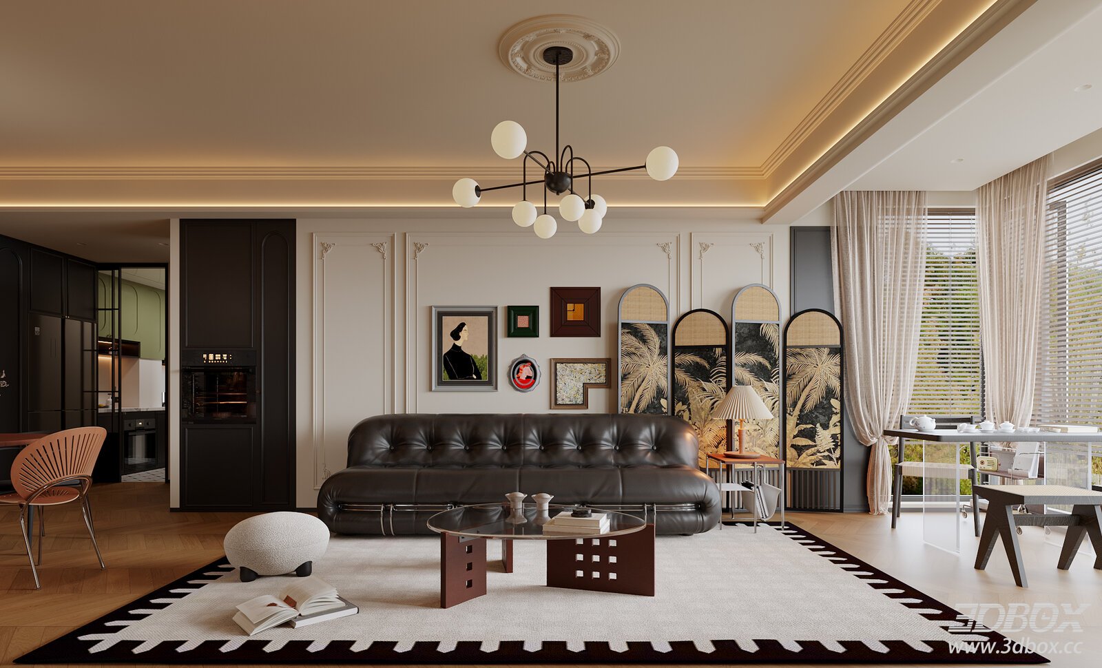 French Retro Living and Dining Room Interior Scene