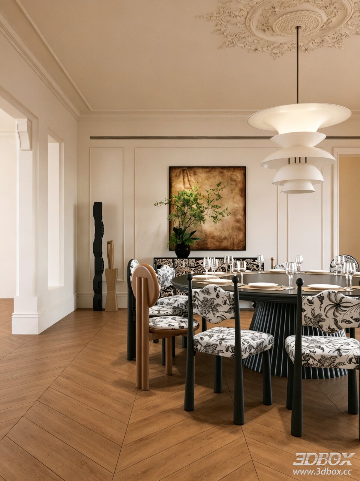 French Vintage Style Dining Room with Round Table and Chairs