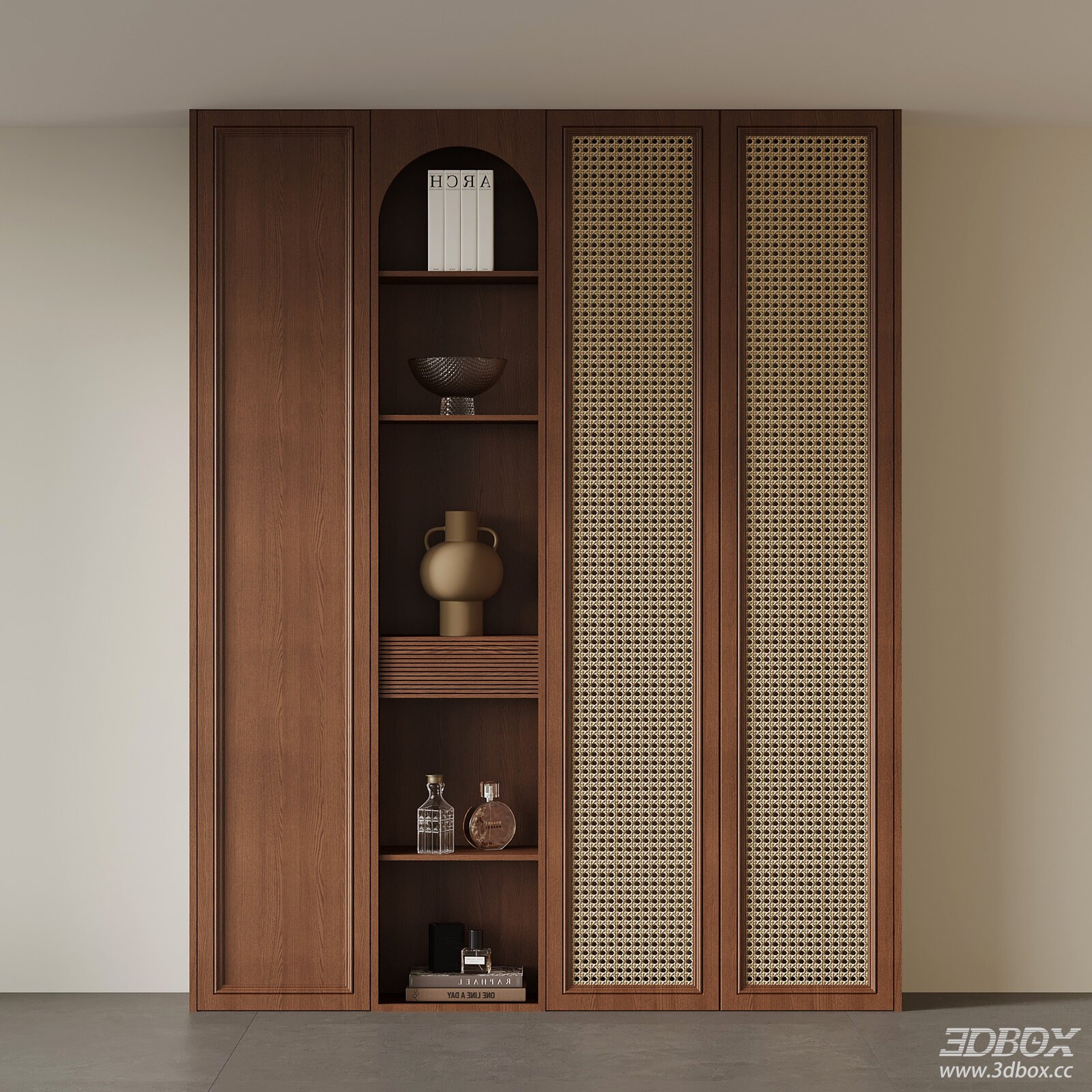 Vintage Rattan Panel Wooden Hallway Storage Cabinet