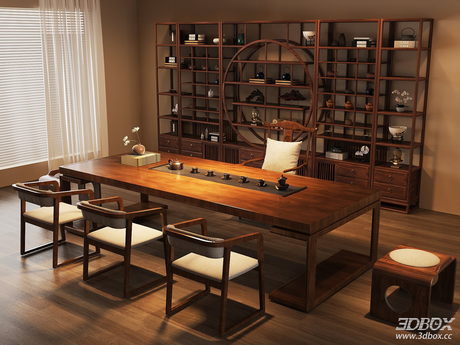 New Chinese Style Tea Room With Tea Table Chairs Display Shelf