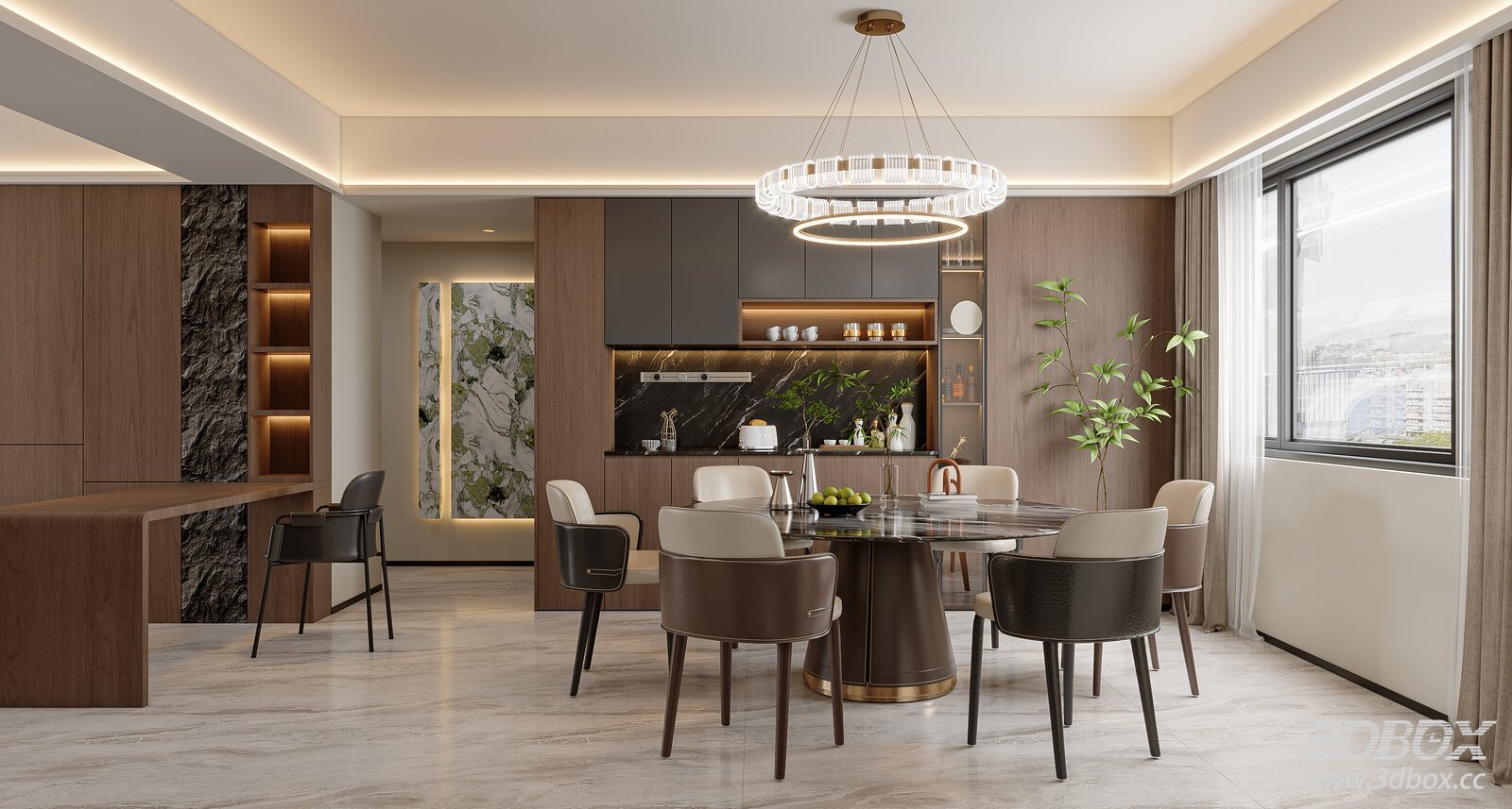 Italian light luxury dining room with kitchen island interior