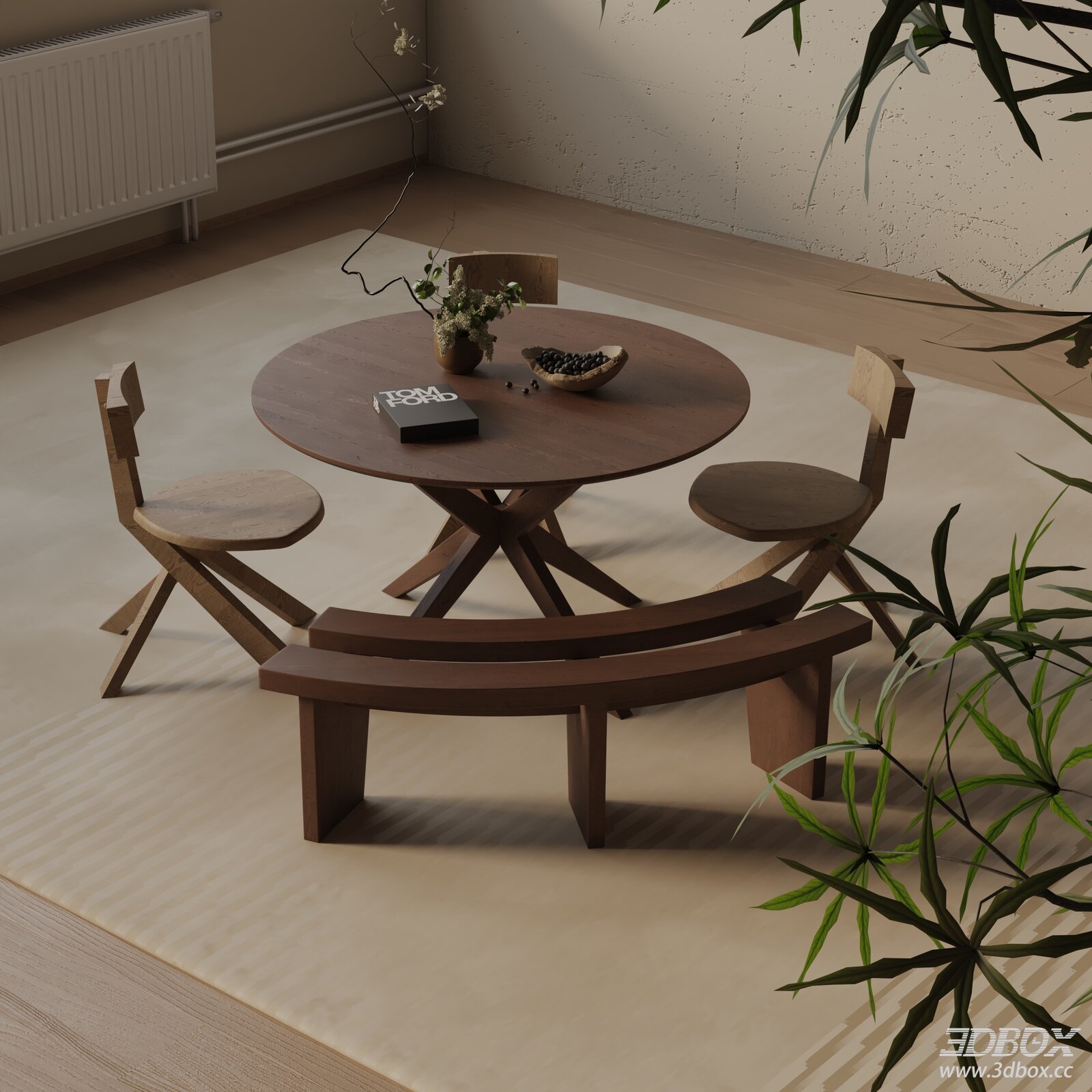 Modern Wooden Dining Room Set with Round Table and Benches