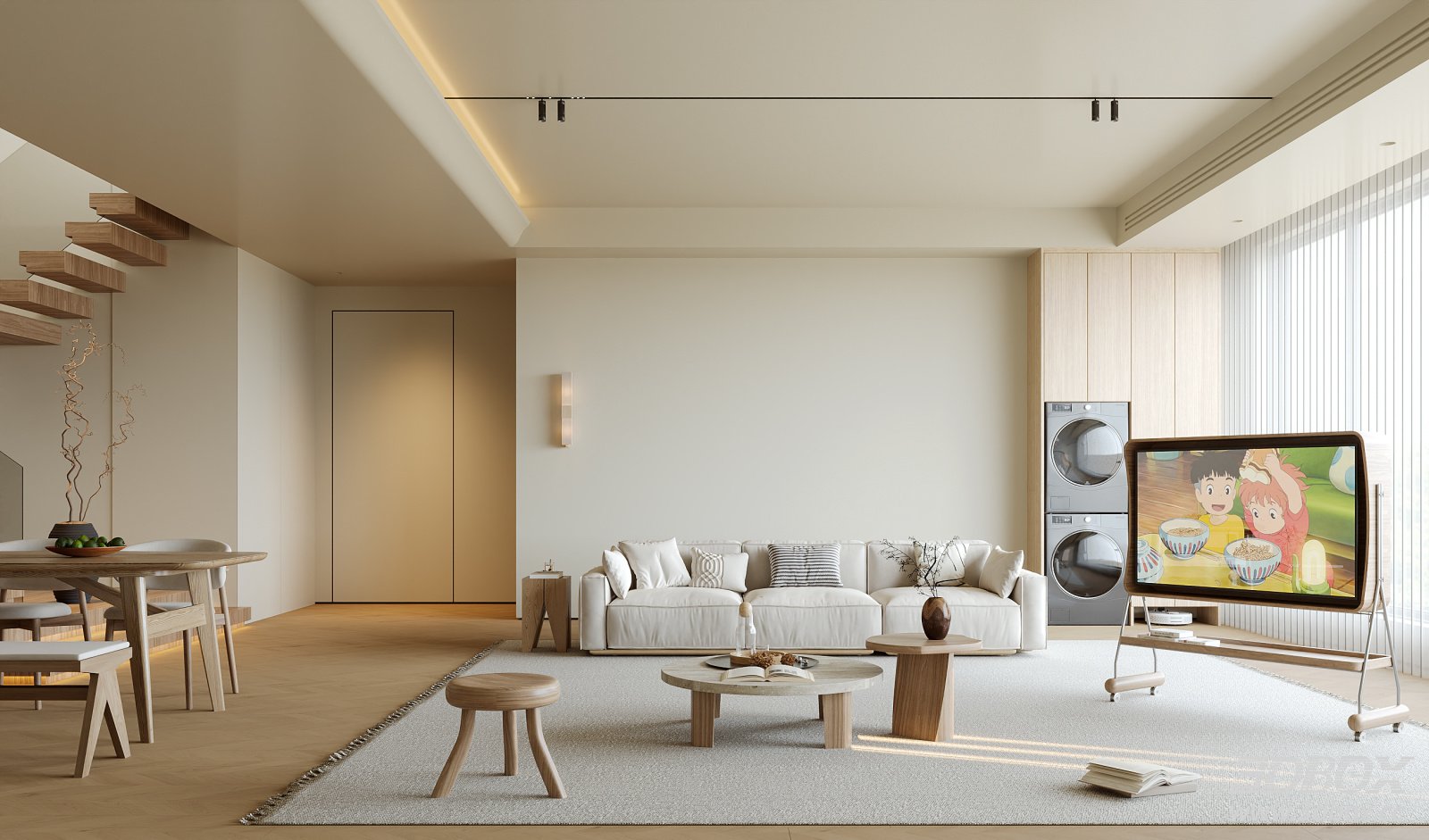Natural Wood Style Living and Dining Room Interior