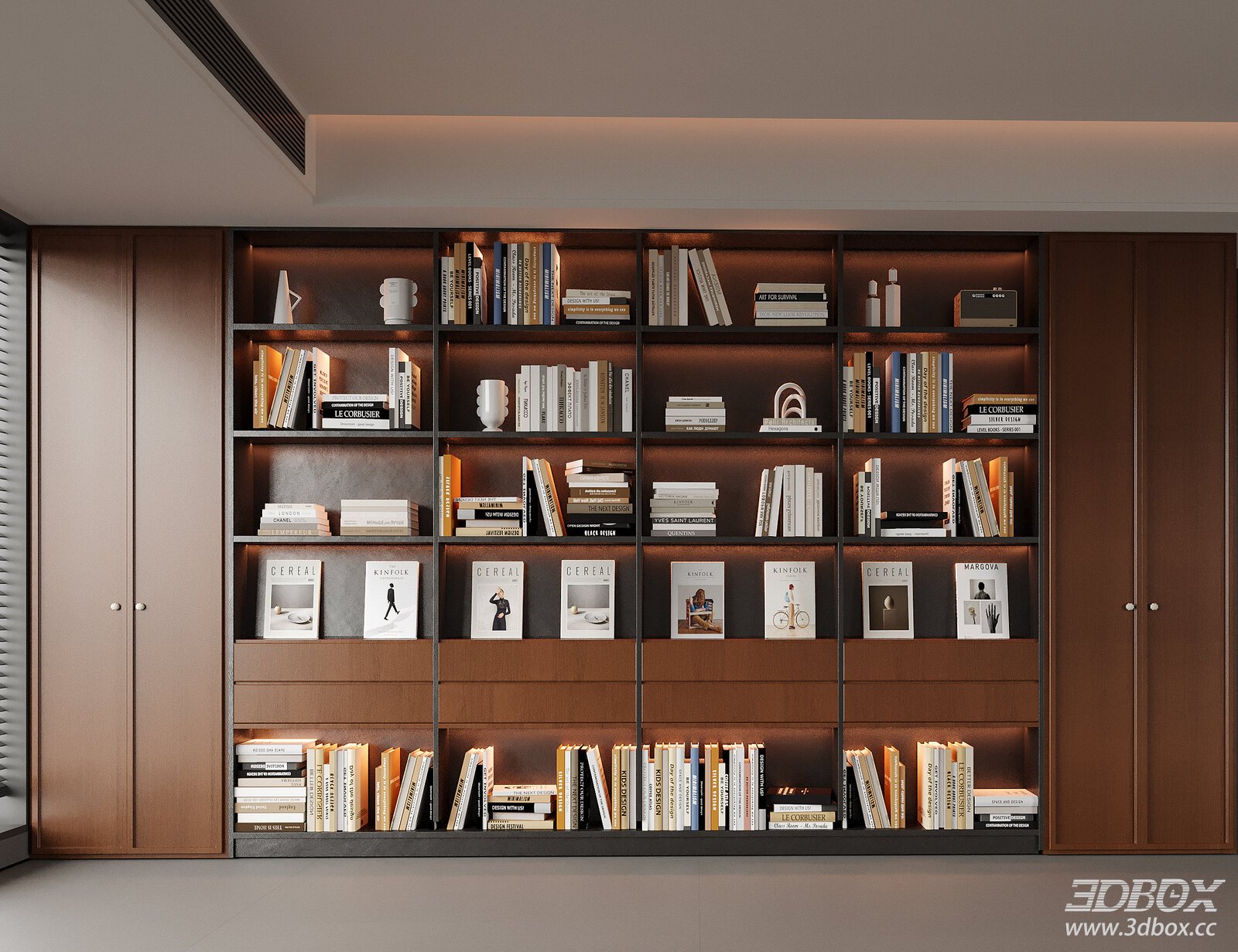 Modern Full Wall Wooden Bookshelf with Books and Decorations