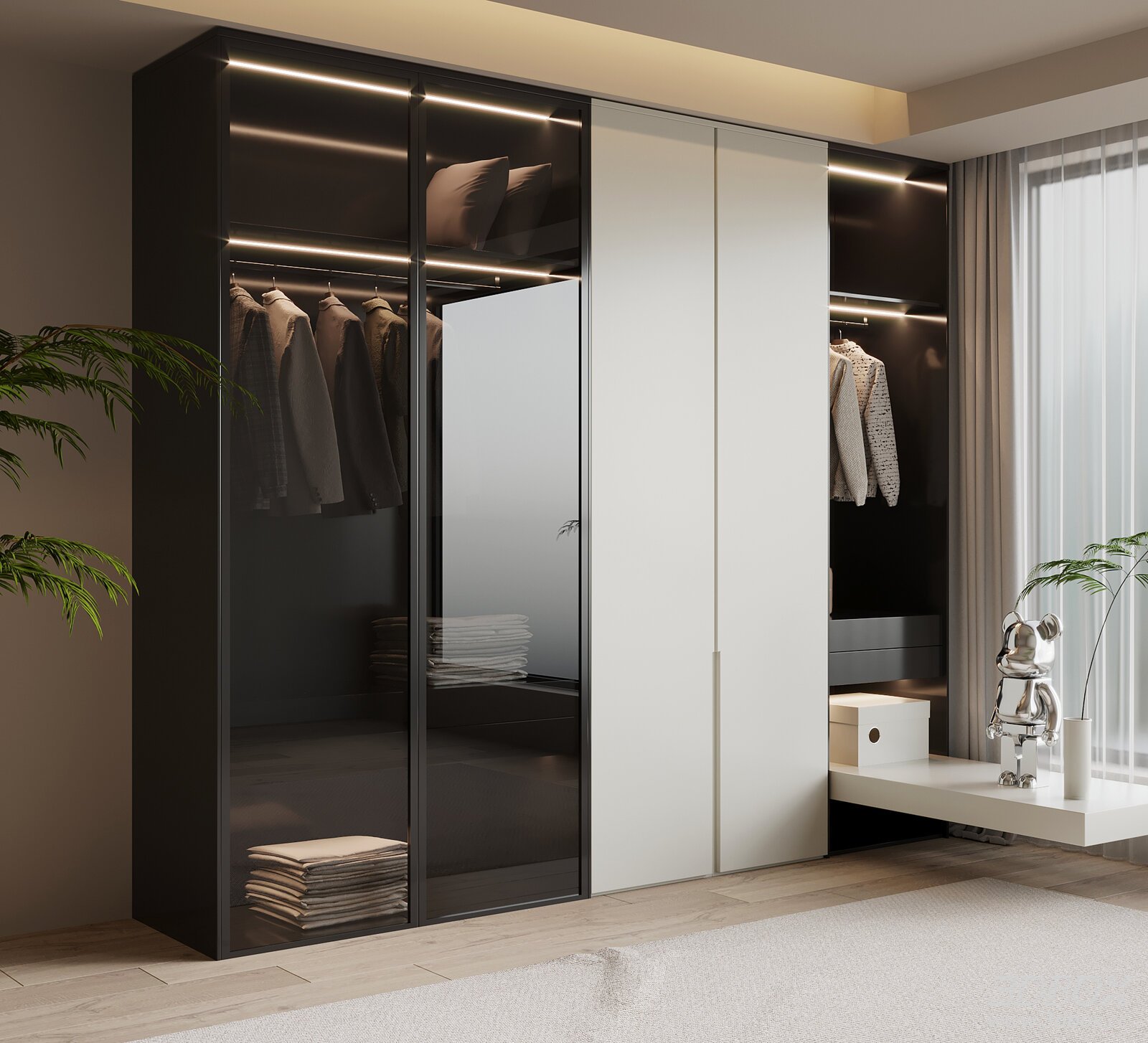 Modern Minimalist Glass Door Wardrobe with LED Light