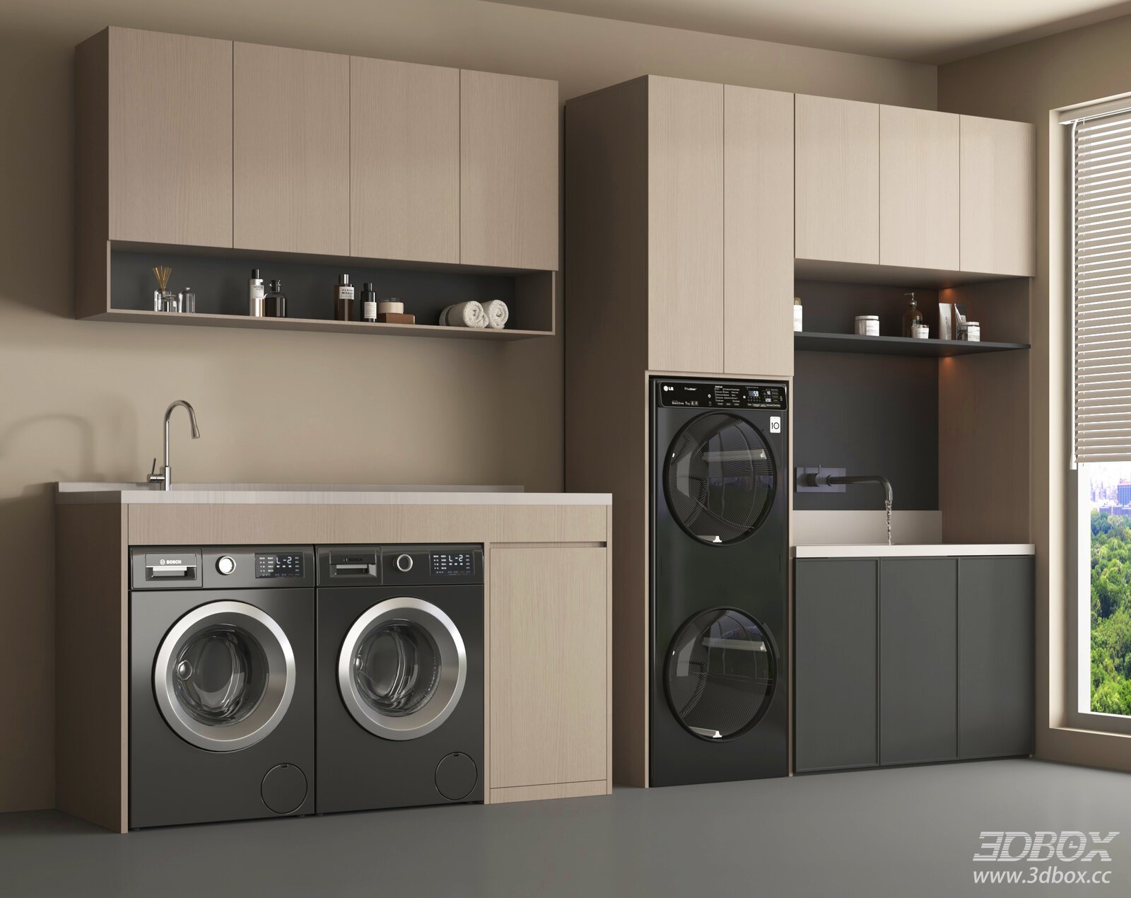 Modern Minimalist Laundry Room with Washing Machines and Cabinets
