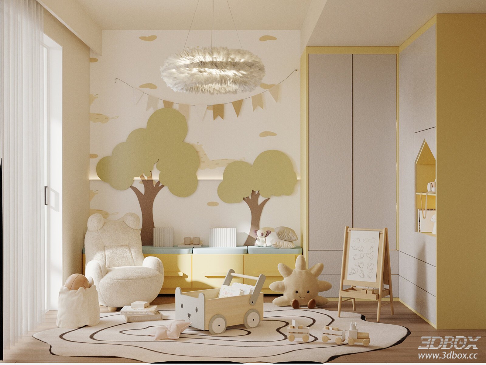 Modern Pastel Kids Playroom with Toys and Soft Furnishings