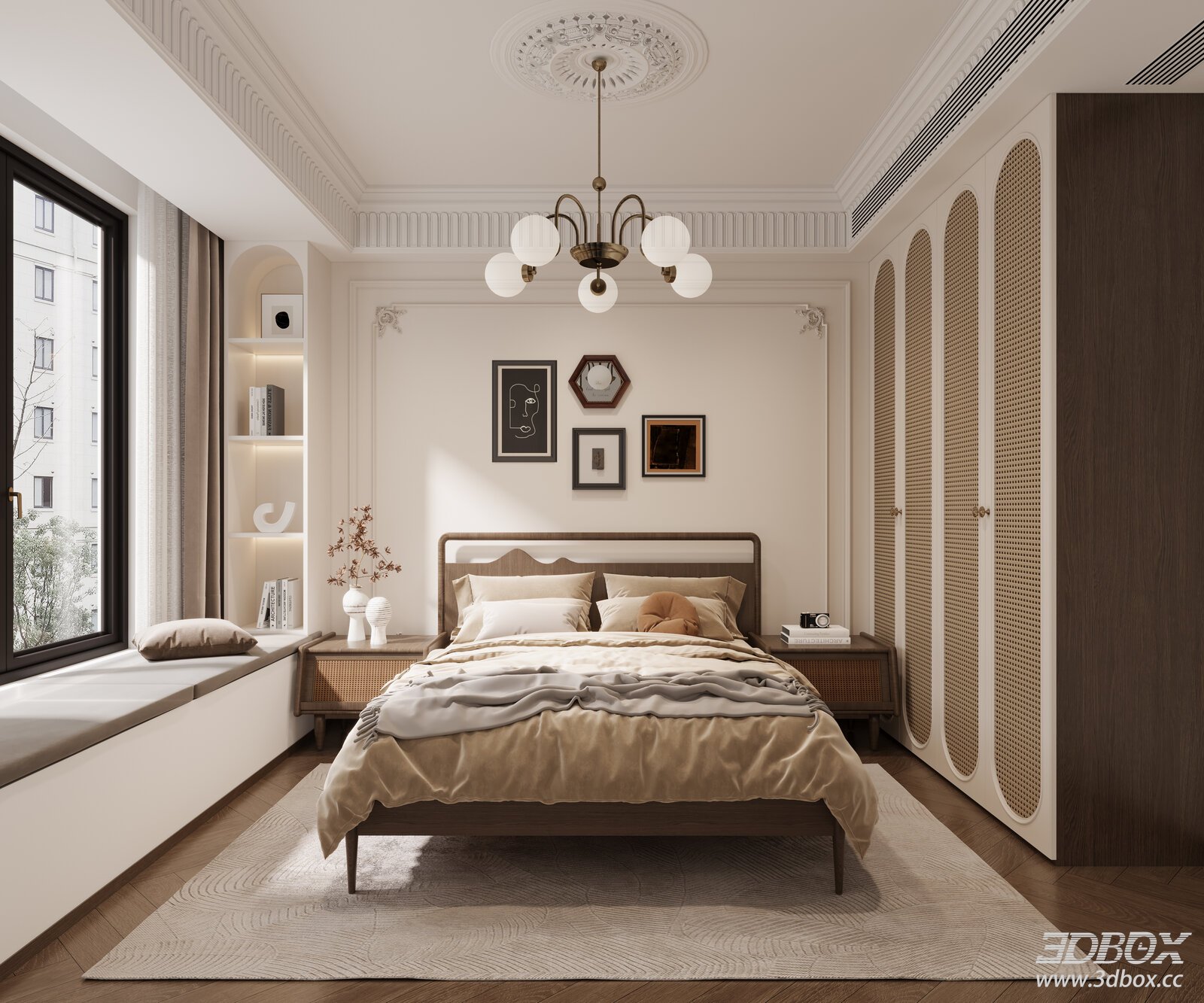 Vintage Modern Bedroom with Rattan Wardrobe and Double Bed