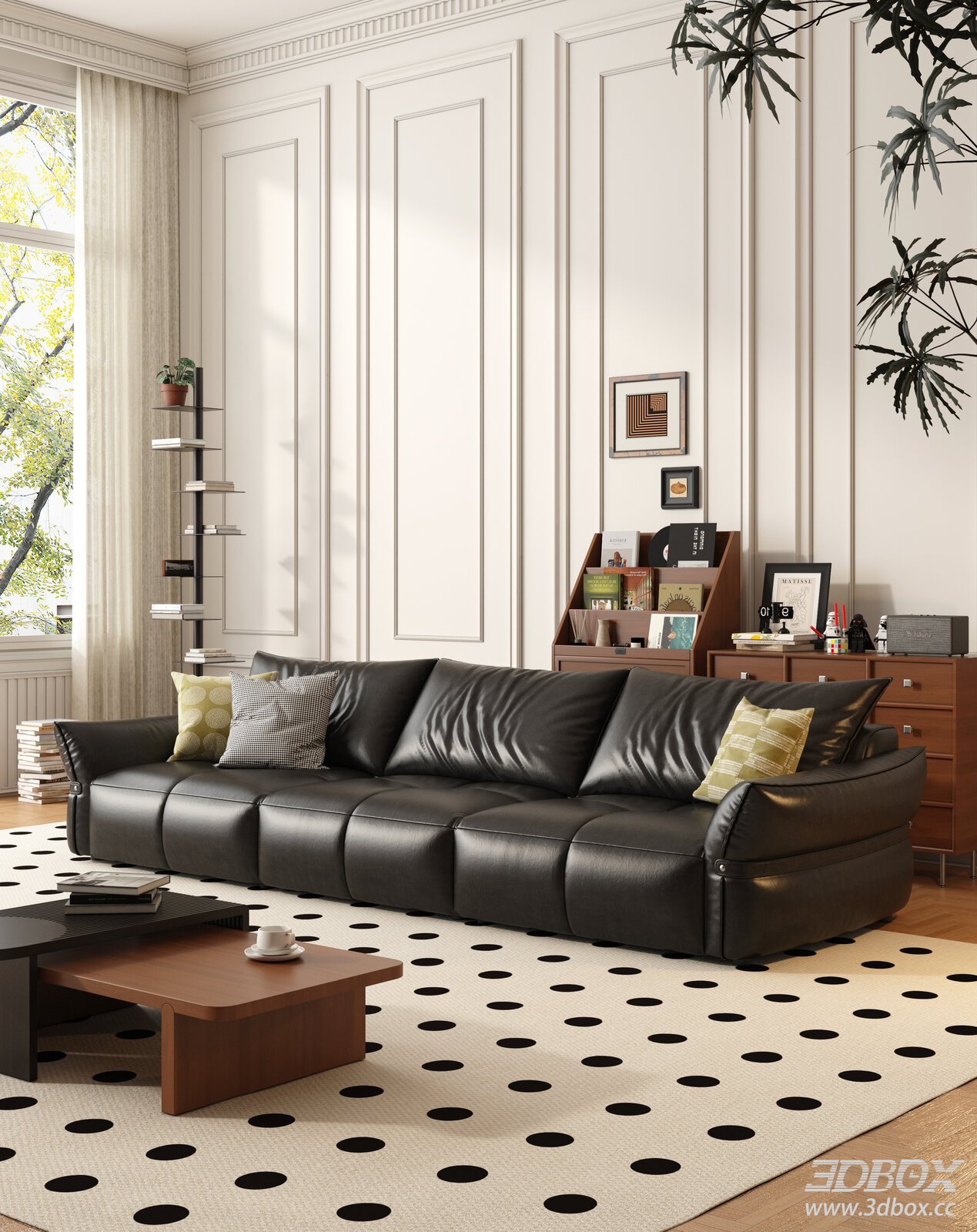 Mid Century Modern Living Room with Black Leather Sofa