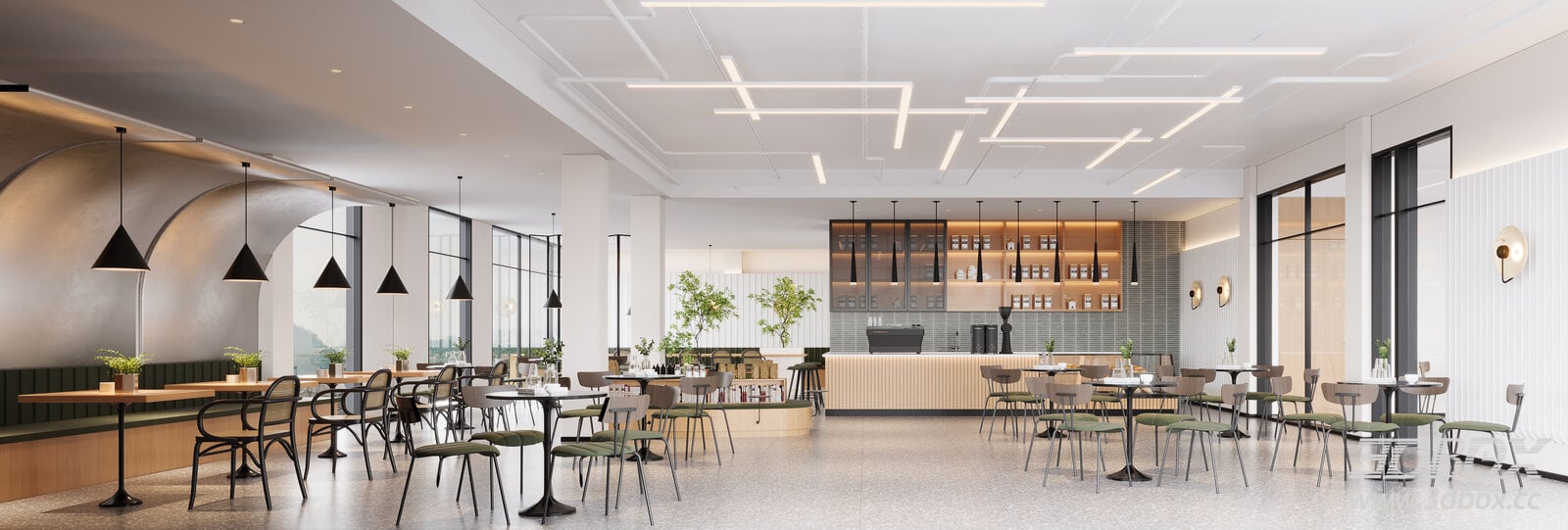 Modern Luxury Cafe Interior Scene with Tables and Chairs