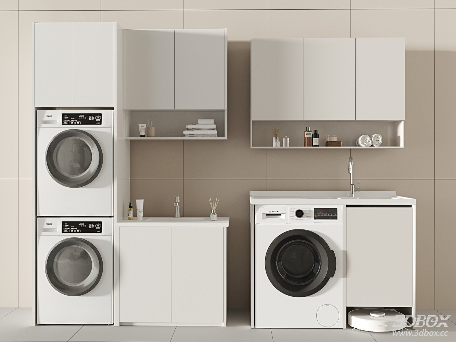 Modern White Laundry Cabinet with Washing Machine and Sink