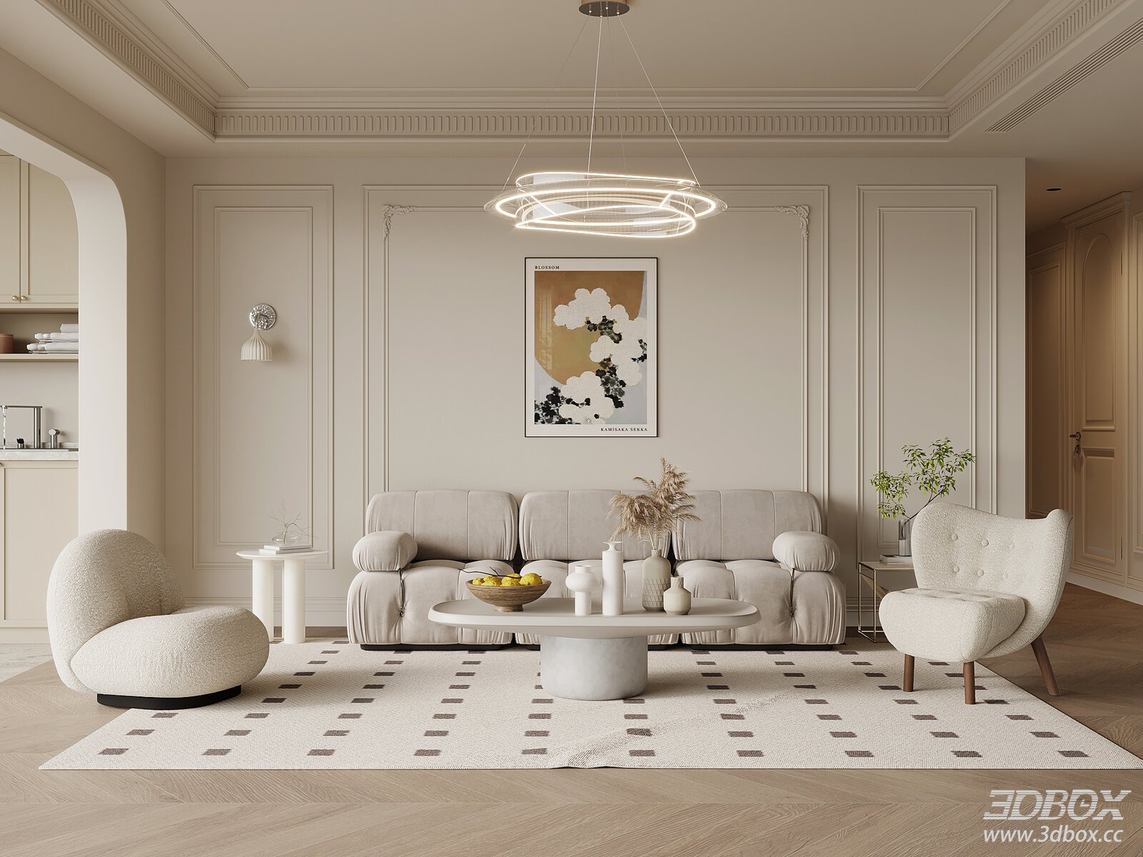 French Cream Style Living Room Sofa and Coffee Table Set