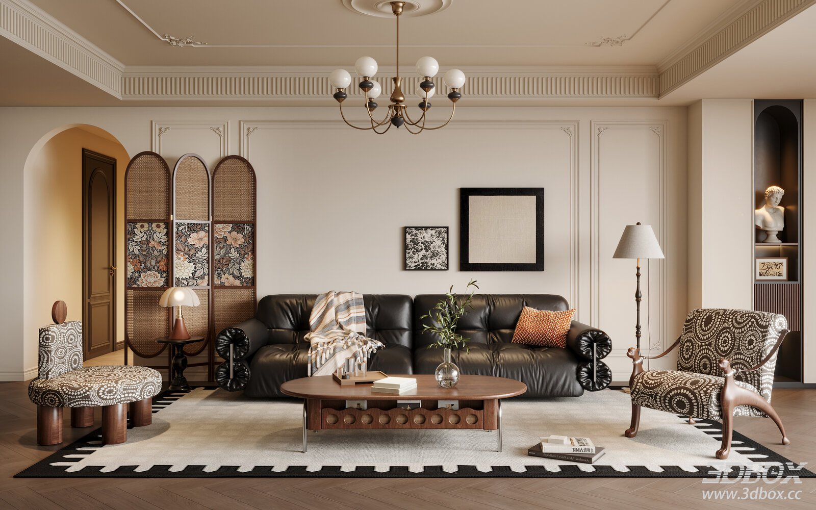French Vintage Living Room Leather Sofa Set Interior
