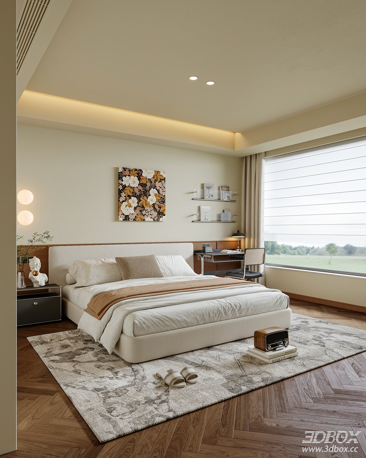 Mid Century Modern Bedroom with Double Bed and Work Nook