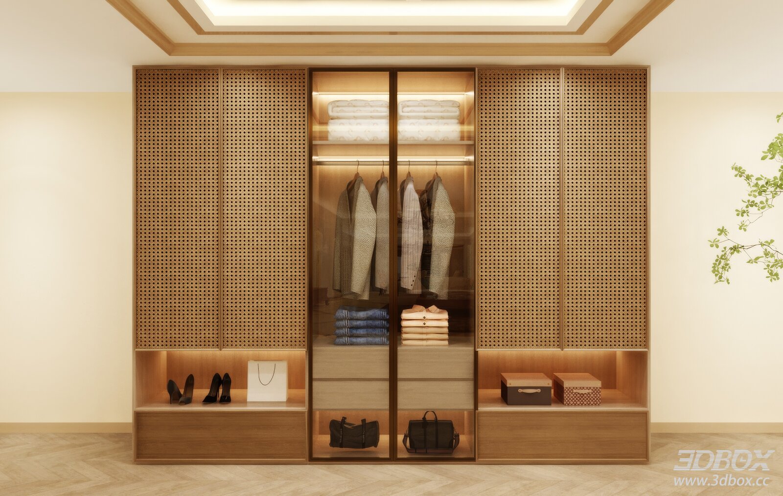 Modern Built-in Wardrobe with Glass Doors and Perforated Wood Panels