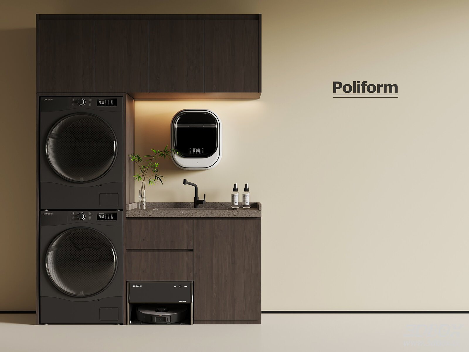 Modern Laundry Cabinet with Stacked Washers and Robot Vacuum