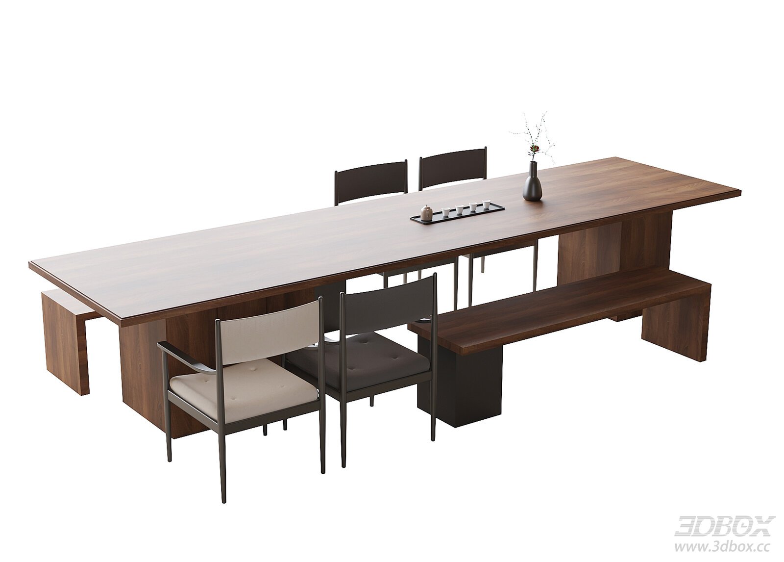 Modern Walnut Tea Table Set with Chairs and Bench