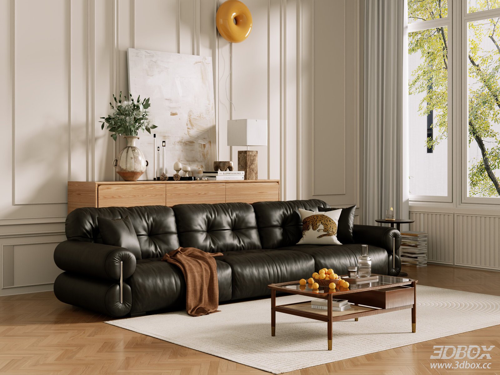 Mid Century Modern Living Room with Black Leather Sofa