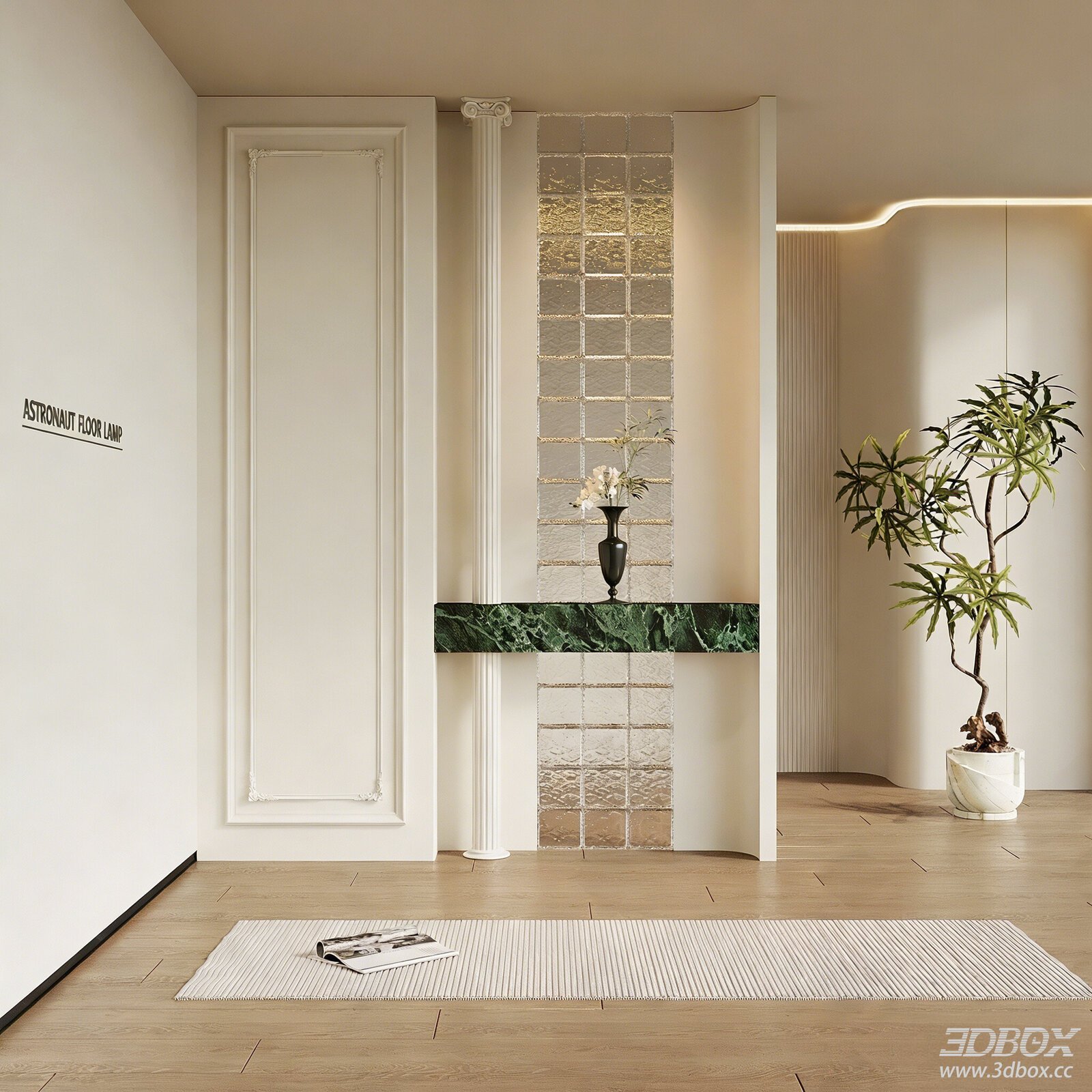 French Style Hallway Entry Scene with Glass Block Partition