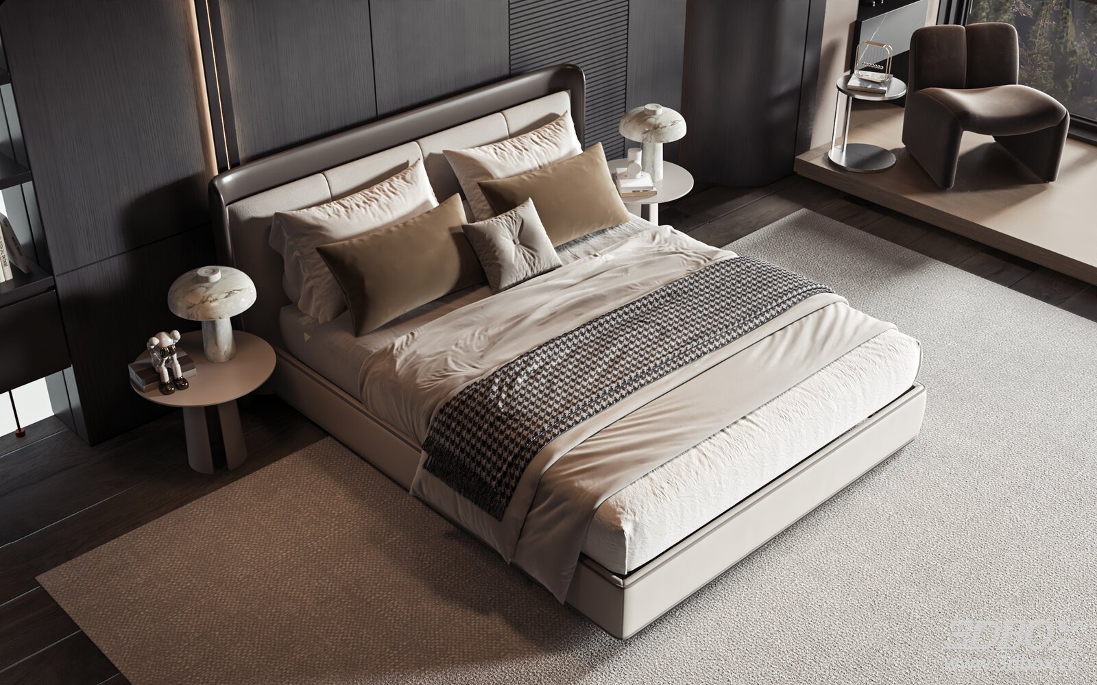 Modern Luxury Minimalist Bedroom Scene with Double Bed