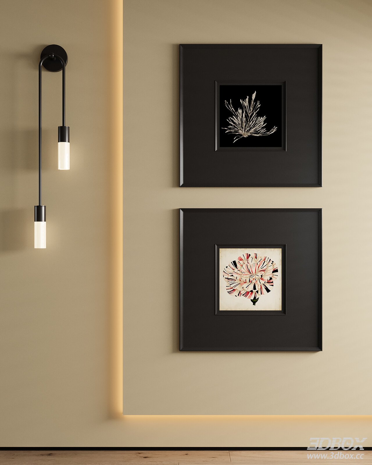 Vintage Framed Floral Wall Art Set with Modern Wall Lamp