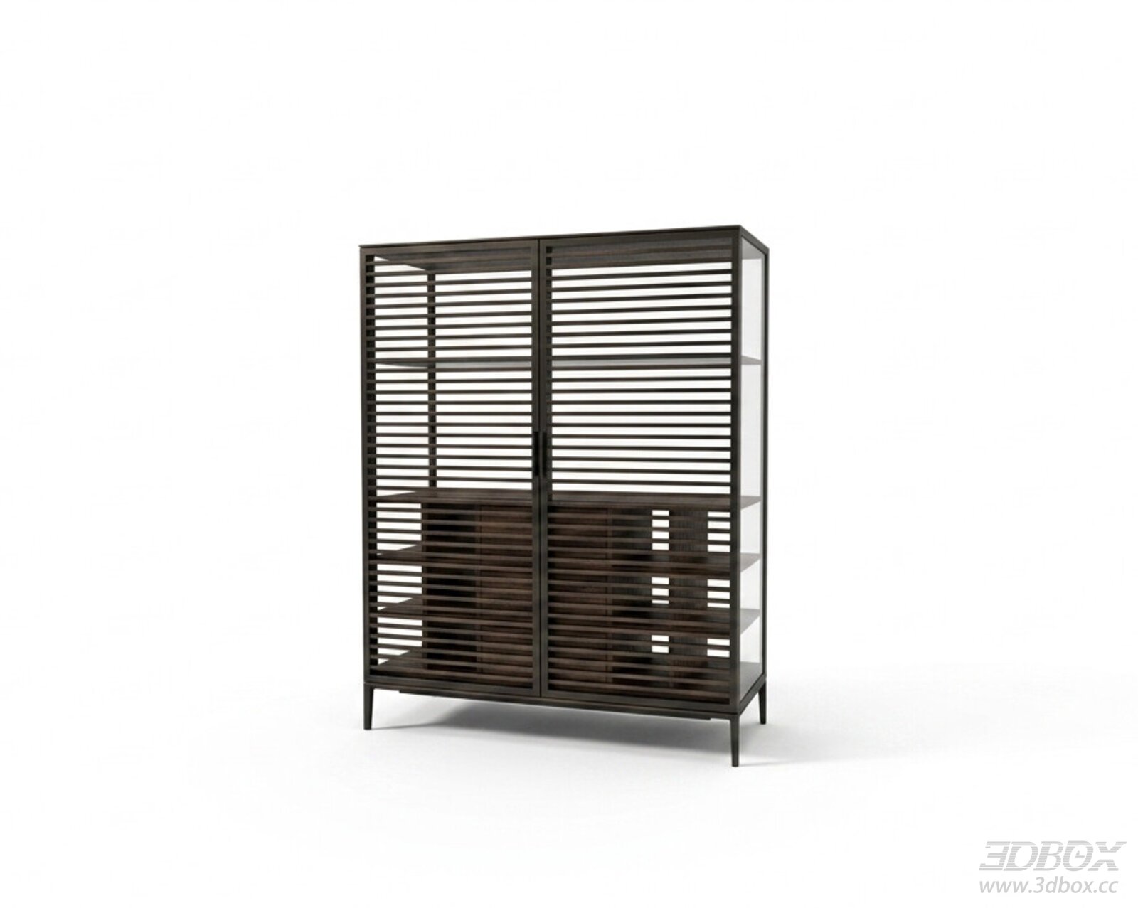 Modern Dark Wood Slat Glass Sideboard Cabinet