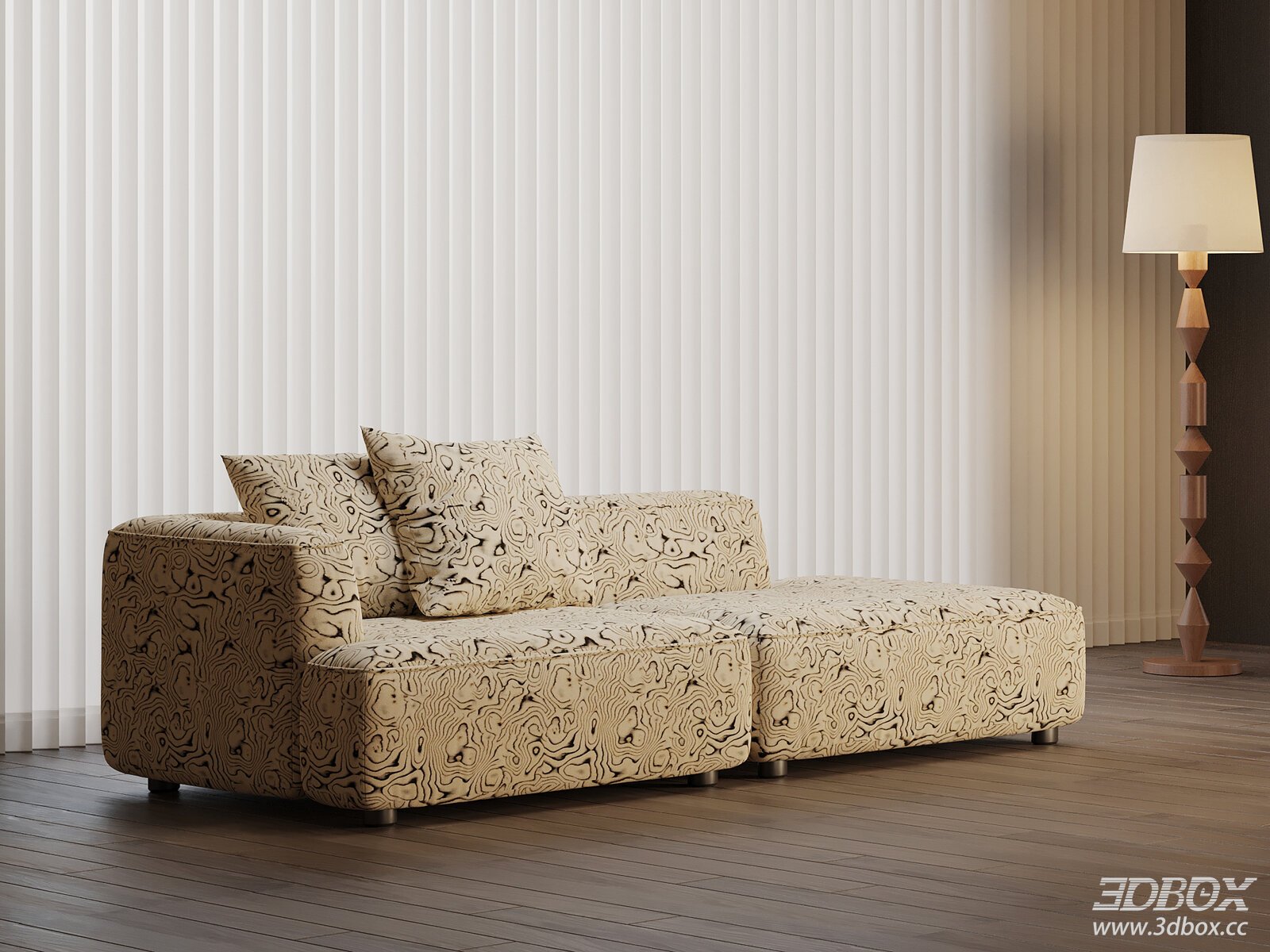 Mid-Century Modern Patterned Fabric Chaise Lounge Sofa