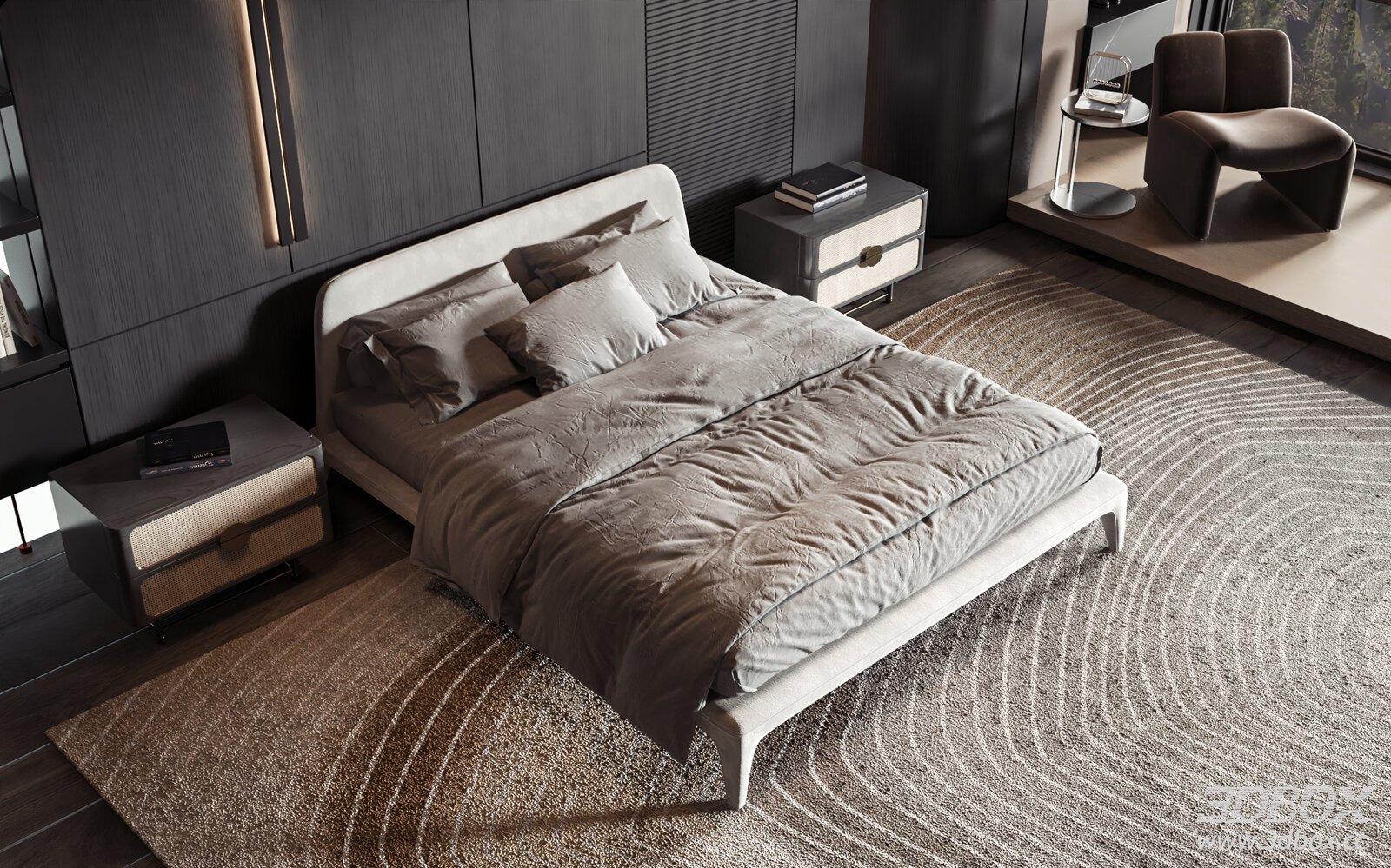 Modern Luxury Bedroom with Double Bed and Side Furniture