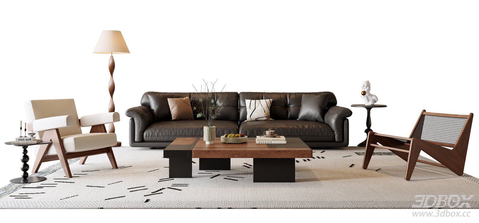 French Mid-century Vintage Leather Sofa Coffee Table Set