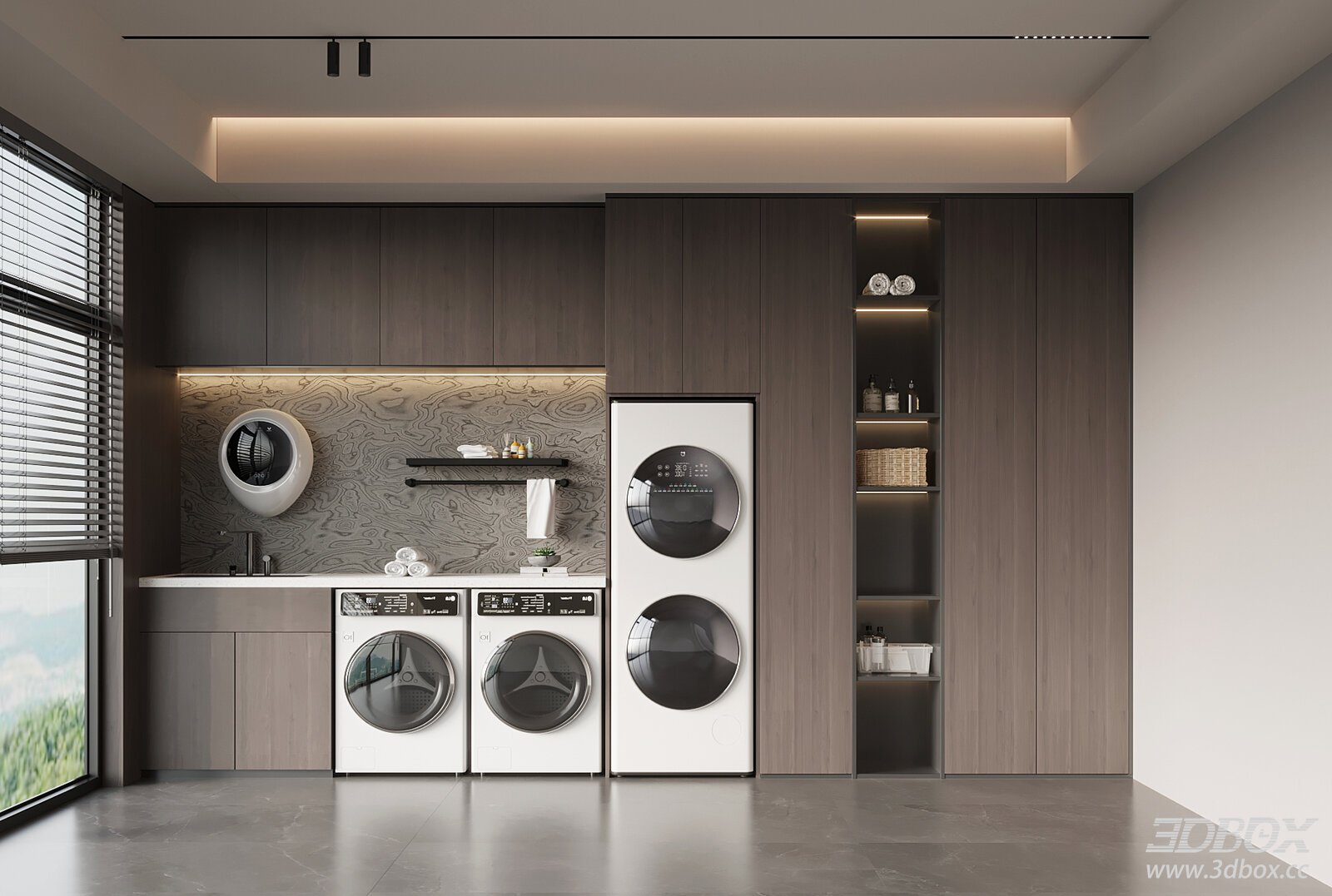 Modern Italian Minimalist Laundry Room with Washer Cabinets