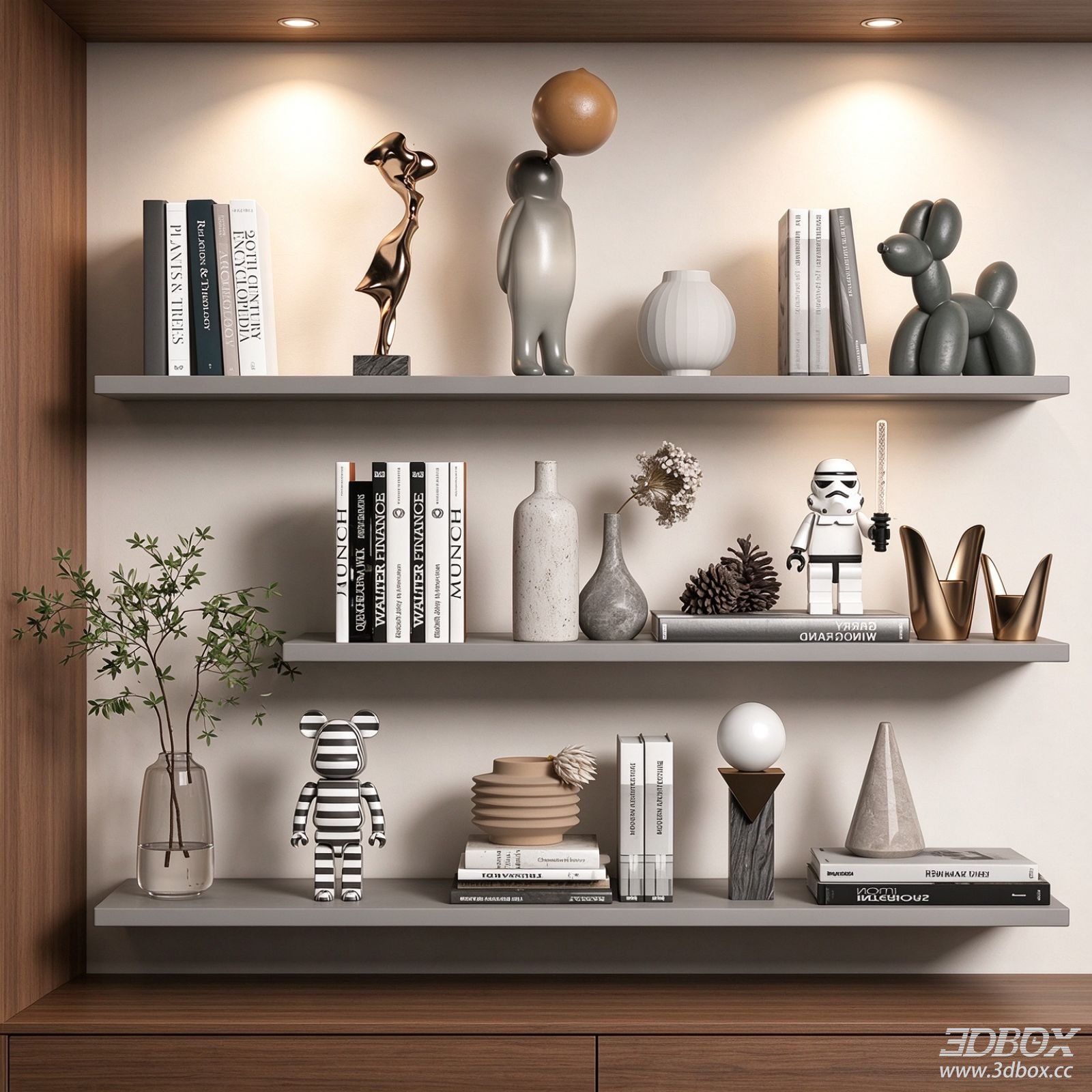 Modern Decorative Set with Books Vases and Sculptures