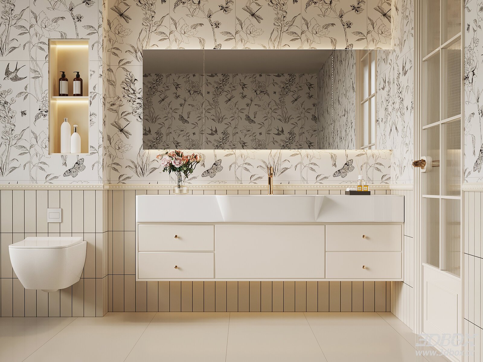 French Cream Style Bathroom Scene with Vanity and Toilet