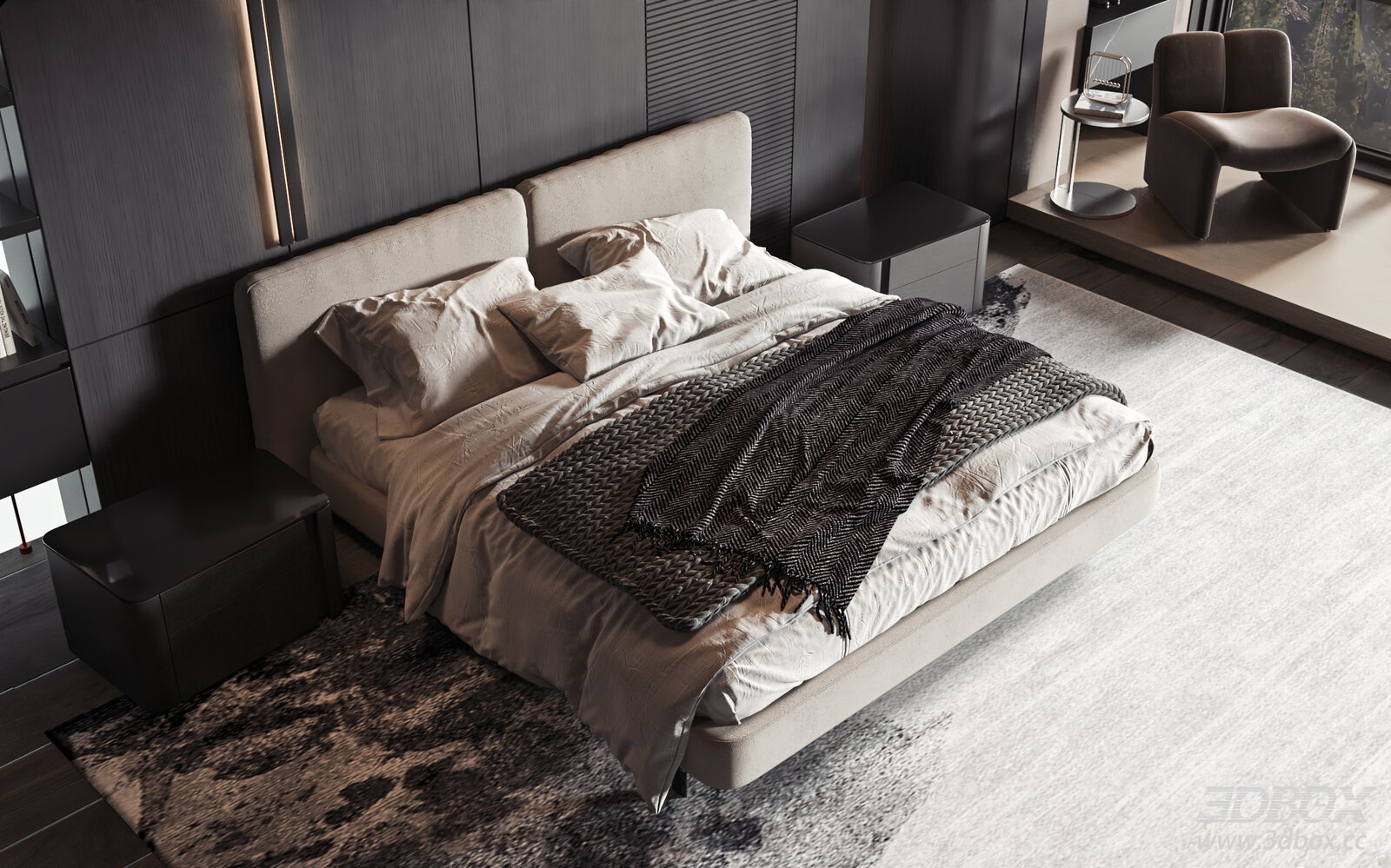Modern Luxury Minimalist Bedroom Scene with Double Bed
