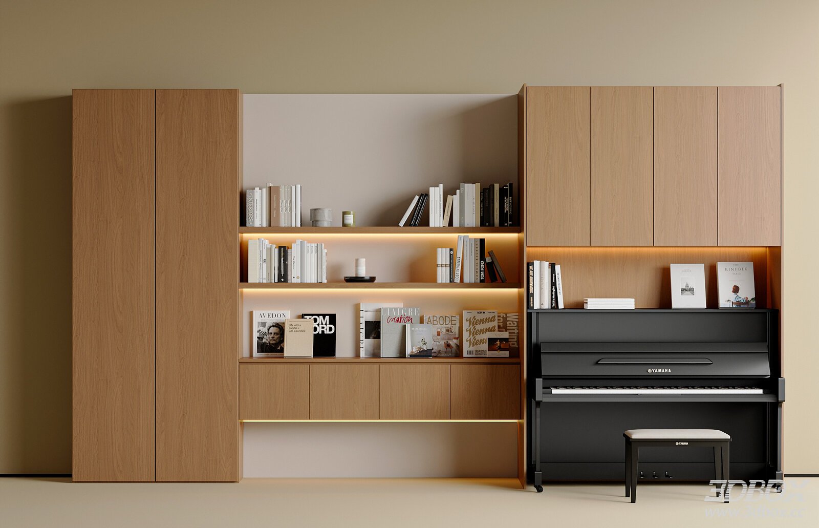 Mid Century Modern Wooden Bookcase with Piano and Books