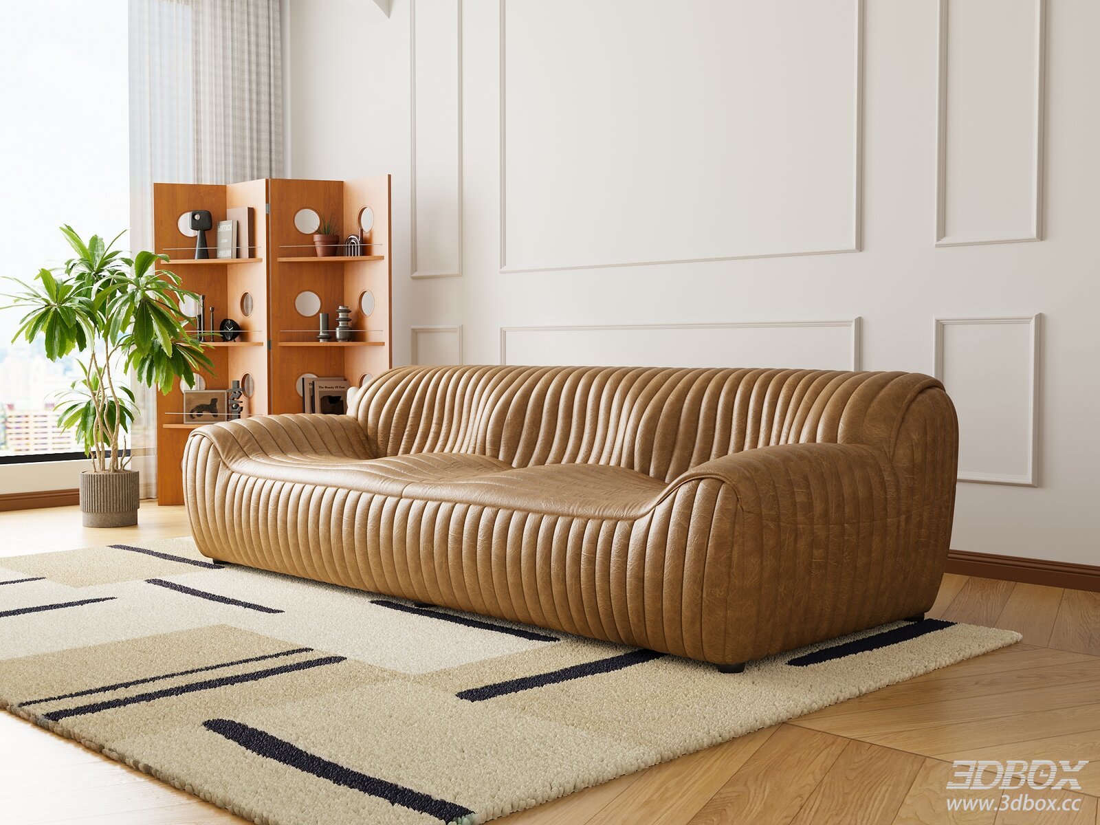 French Retro Mid Century Oil Wax Leather Ribbed Sofa