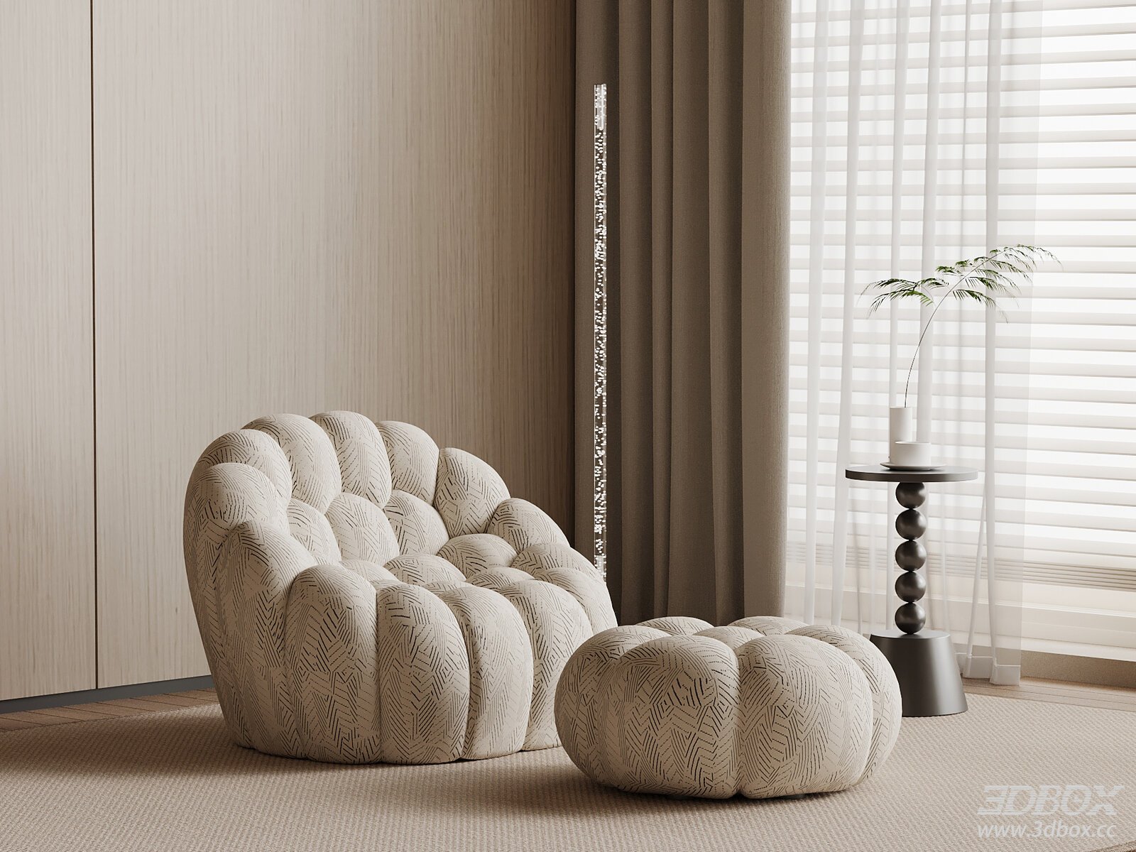 Modern Textured Fabric Single Sofa with Ottoman