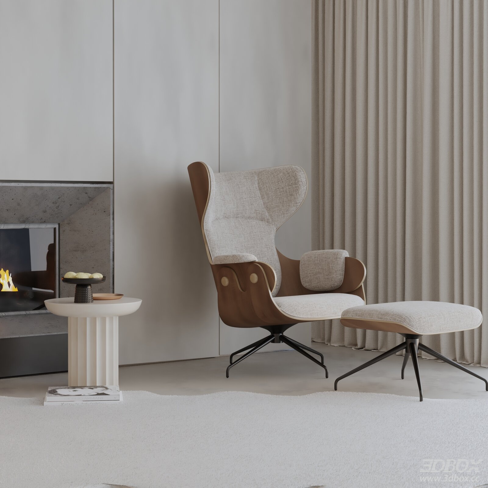 Modern Fabric Upholstered Wooden Armchair with Ottoman