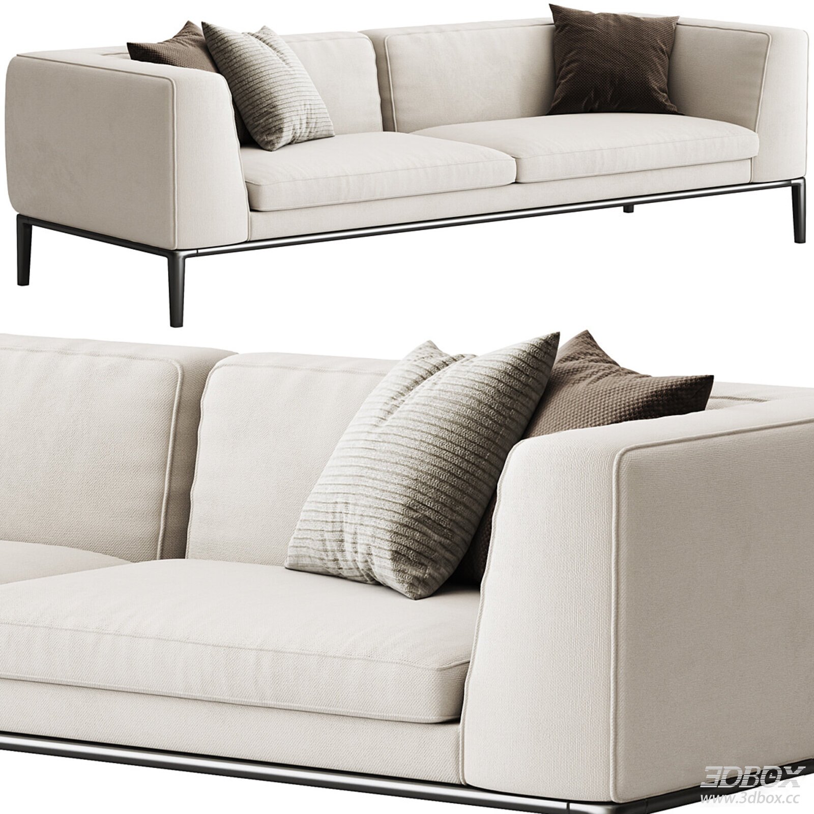Modern Beige Fabric 2-Seater Sofa with Metal Legs