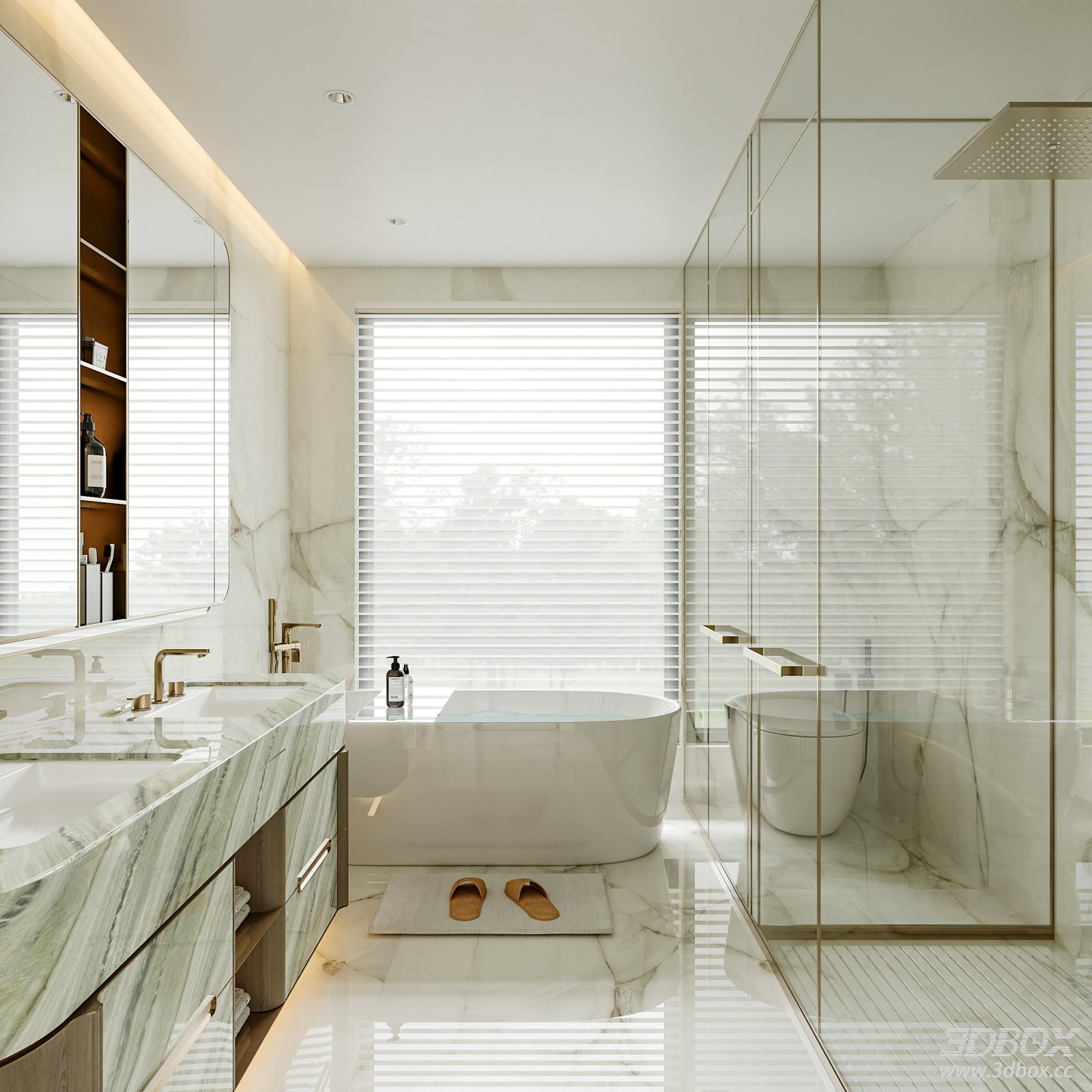 Modern Luxury Marble Bathroom Scene with Bathtub and Shower